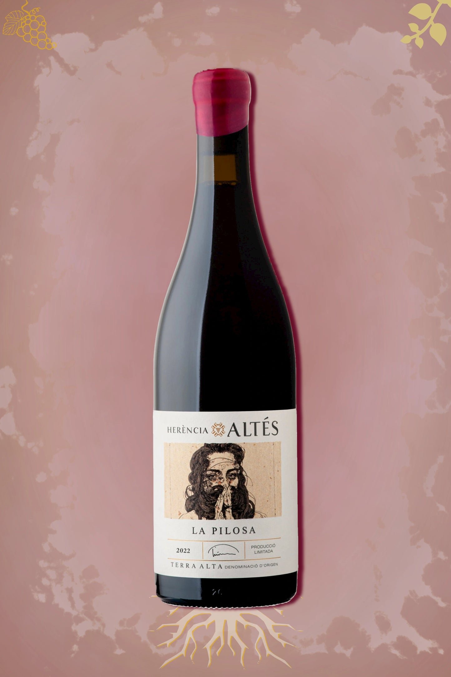 Herencia Altes La Pilosa 2022 tegen bordeaux achtergrond – premium biologische rode wijn