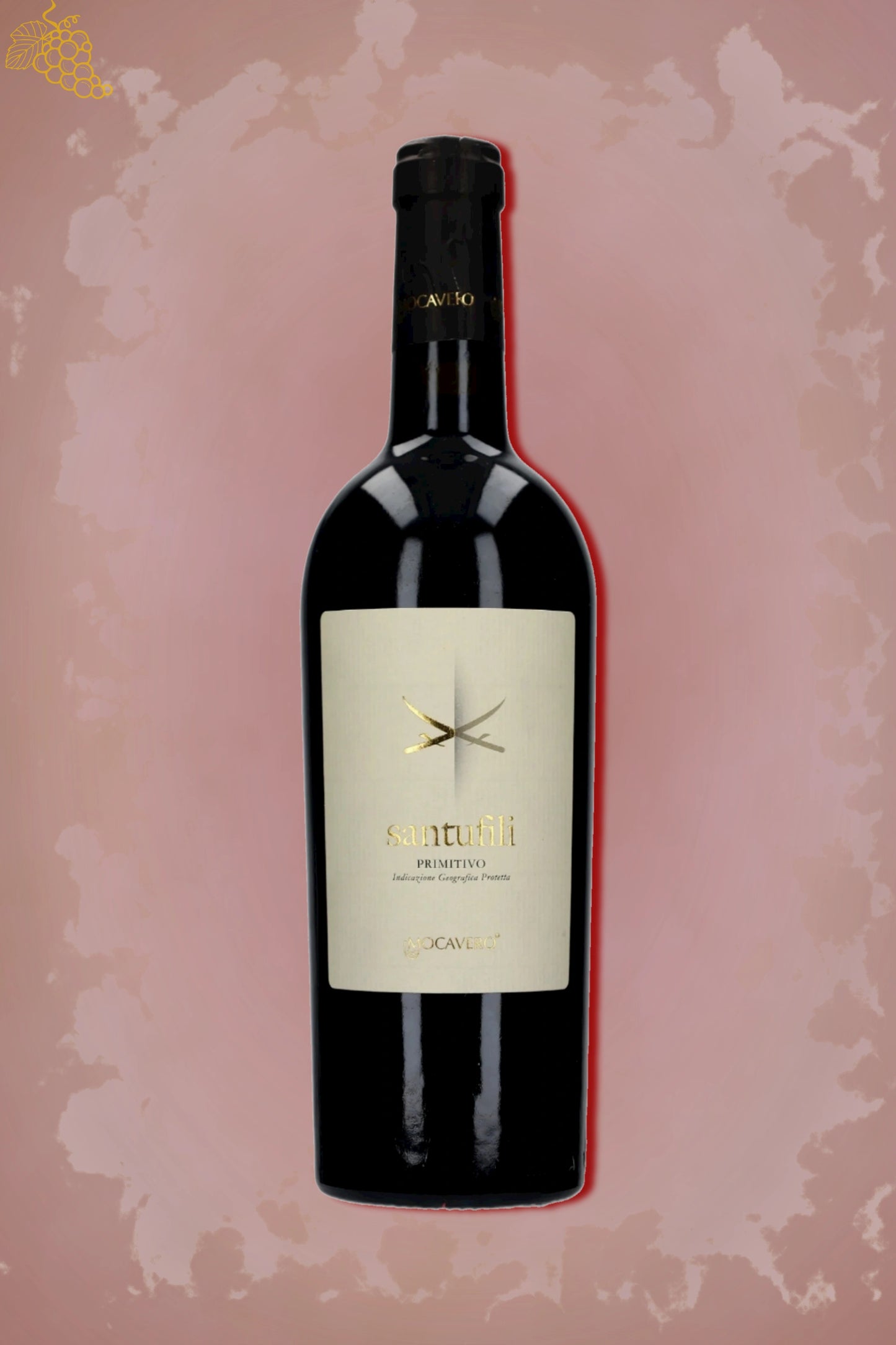 Mocavero Santufili Primitivo 2021 tegen bordeaux achtergrond – volle rode wijn