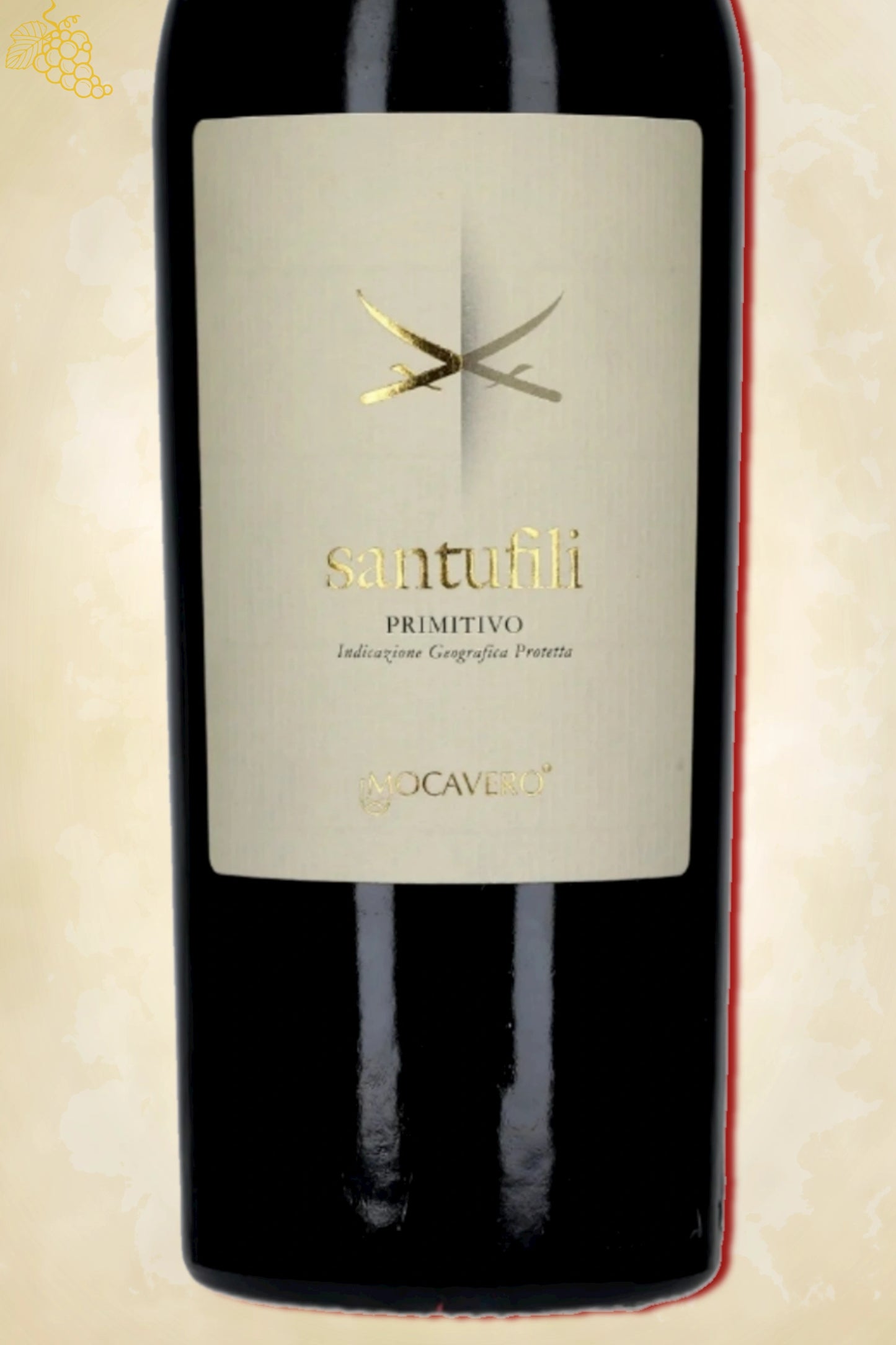 Close-up label Mocavero Santufili Primitivo 2021 – wijnhuisdetails zichtbaar