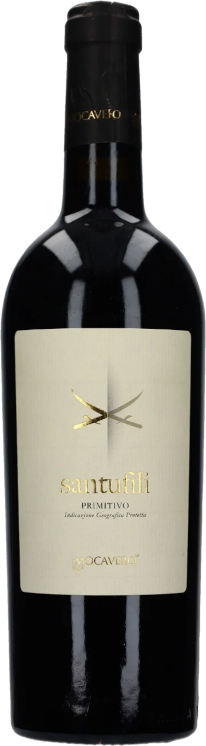 Mocavero Santufili Primitivo 2021 tegen bordeaux achtergrond – volle rode wijn