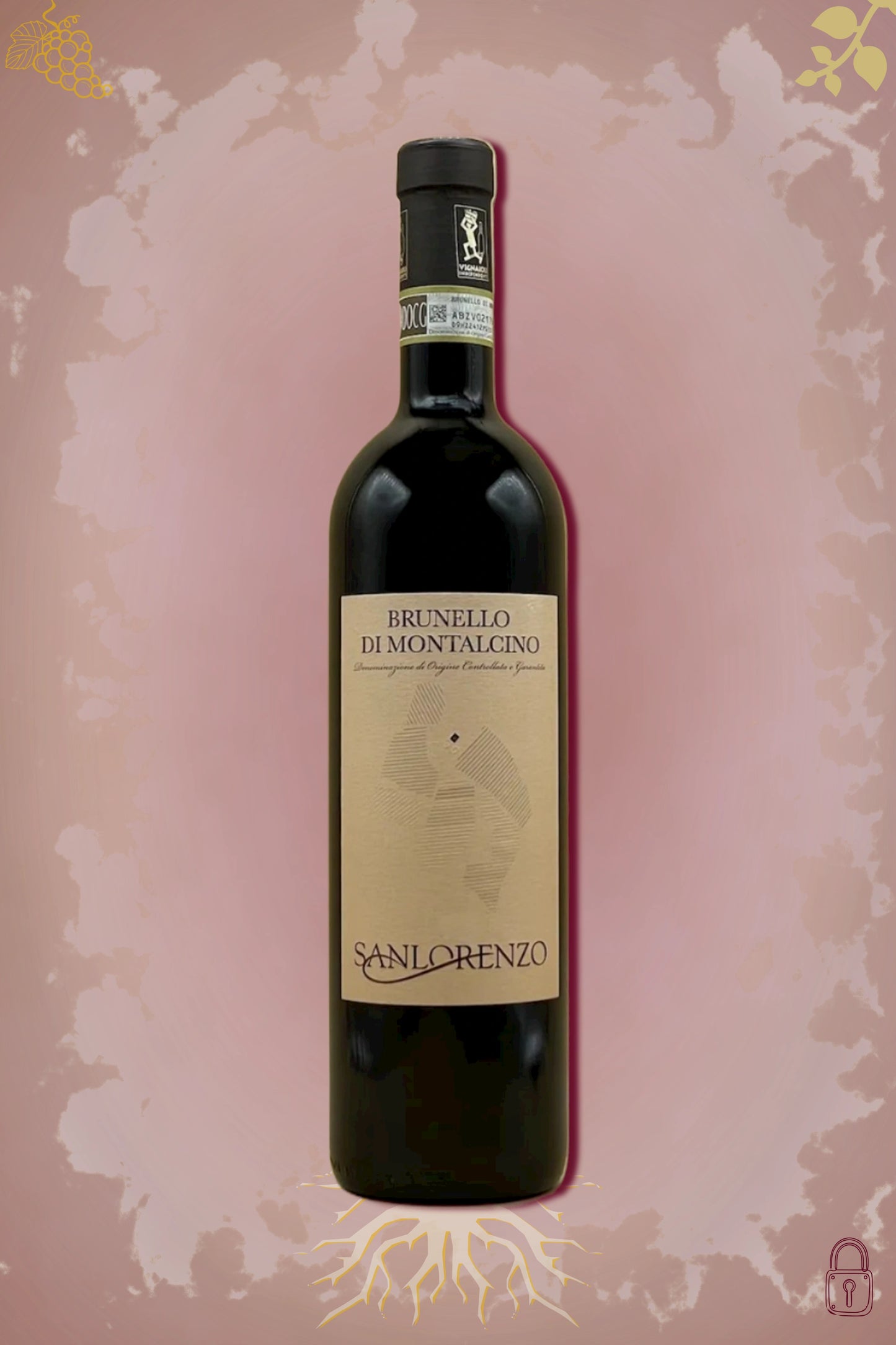 Sanlorenzo Brunello di Montalcino 2018 tegen bordeaux achtergrond – premium rode wijn