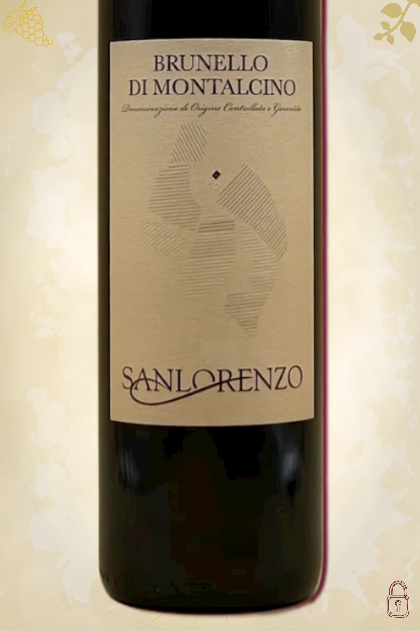 Close-up label Sanlorenzo Brunello di Montalcino 2018 – logo en biologische details zichtbaar