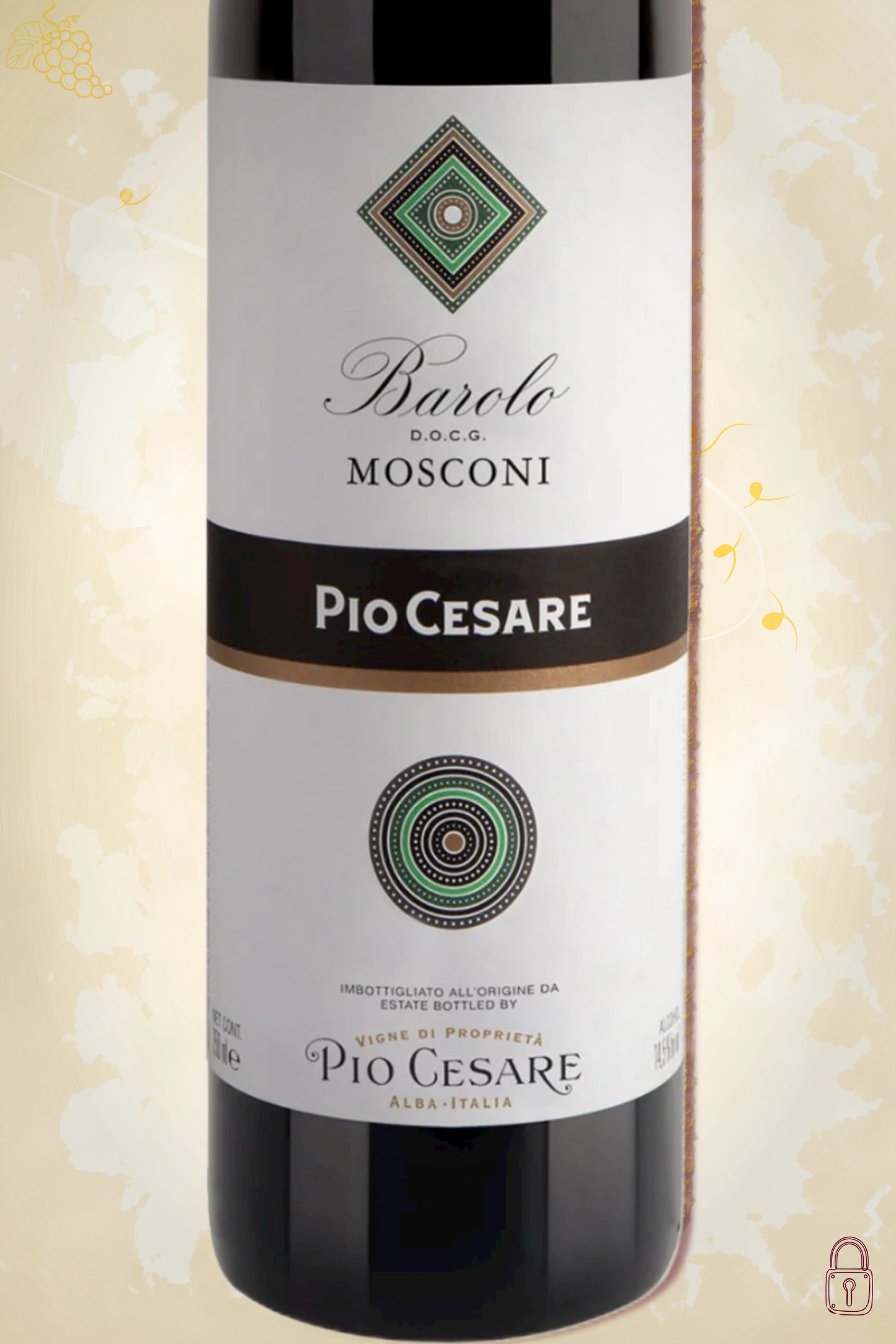 Close-up label Pio Cesare Barolo Mosconi 2018 – Nebbiolo details en logo zichtbaar