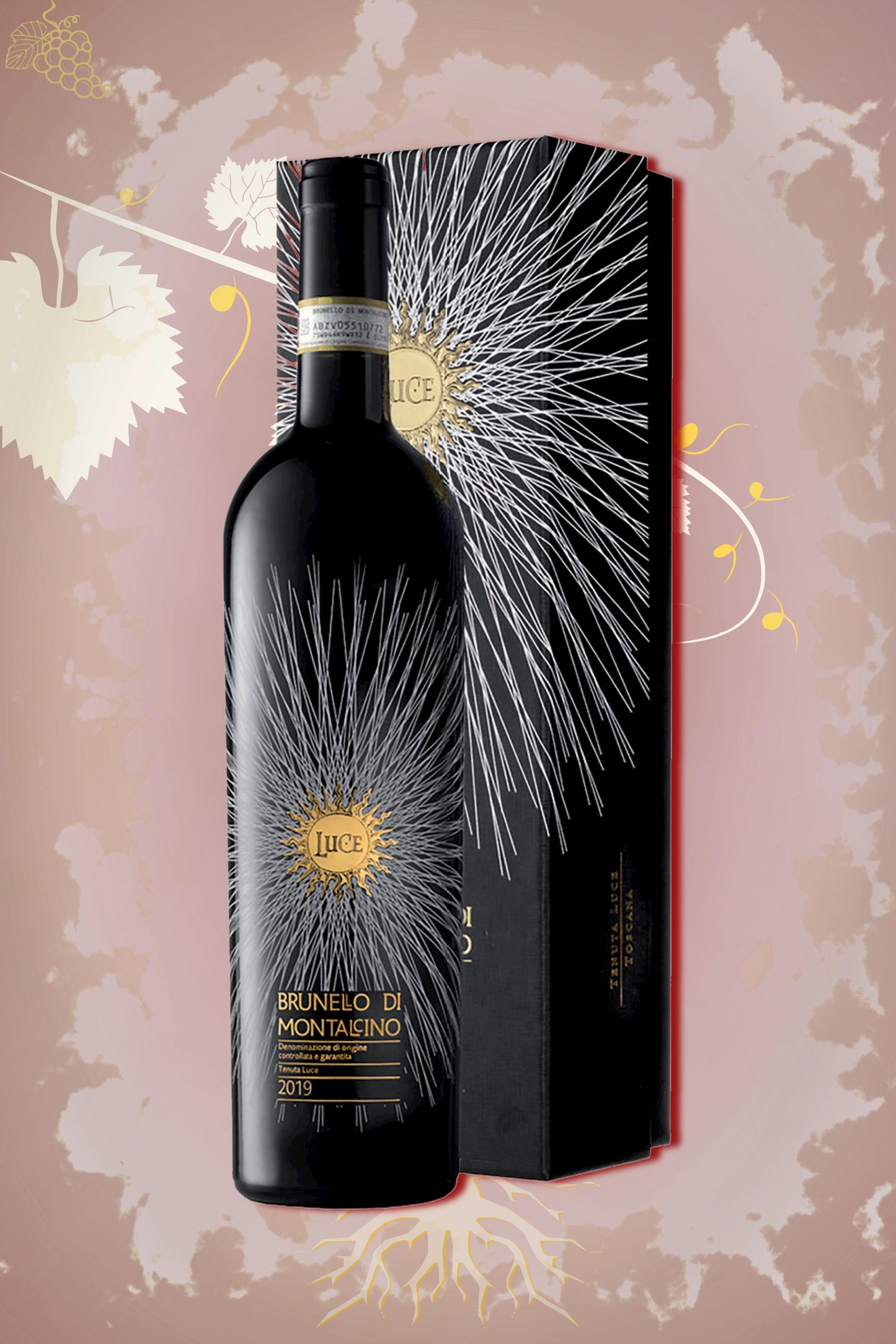 Tenuta Luce Brunello di Montalcino 2019 in Giftbox tegen bordeaux achtergrond – premium rode wijn