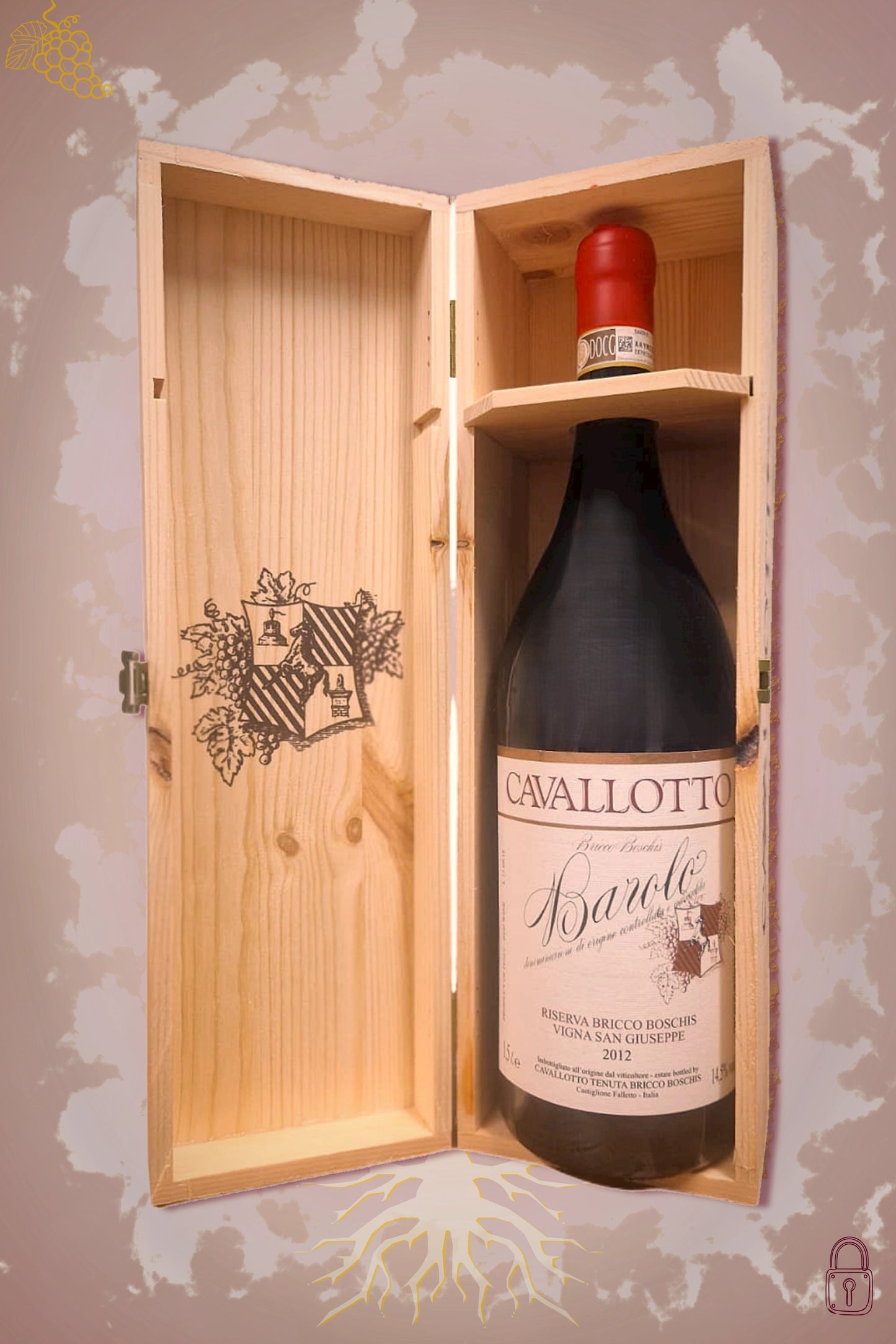 Cavallotto Barolo Bricco Boschis Riserva 2012 tegen bordeaux achtergrond – premium rode wijn