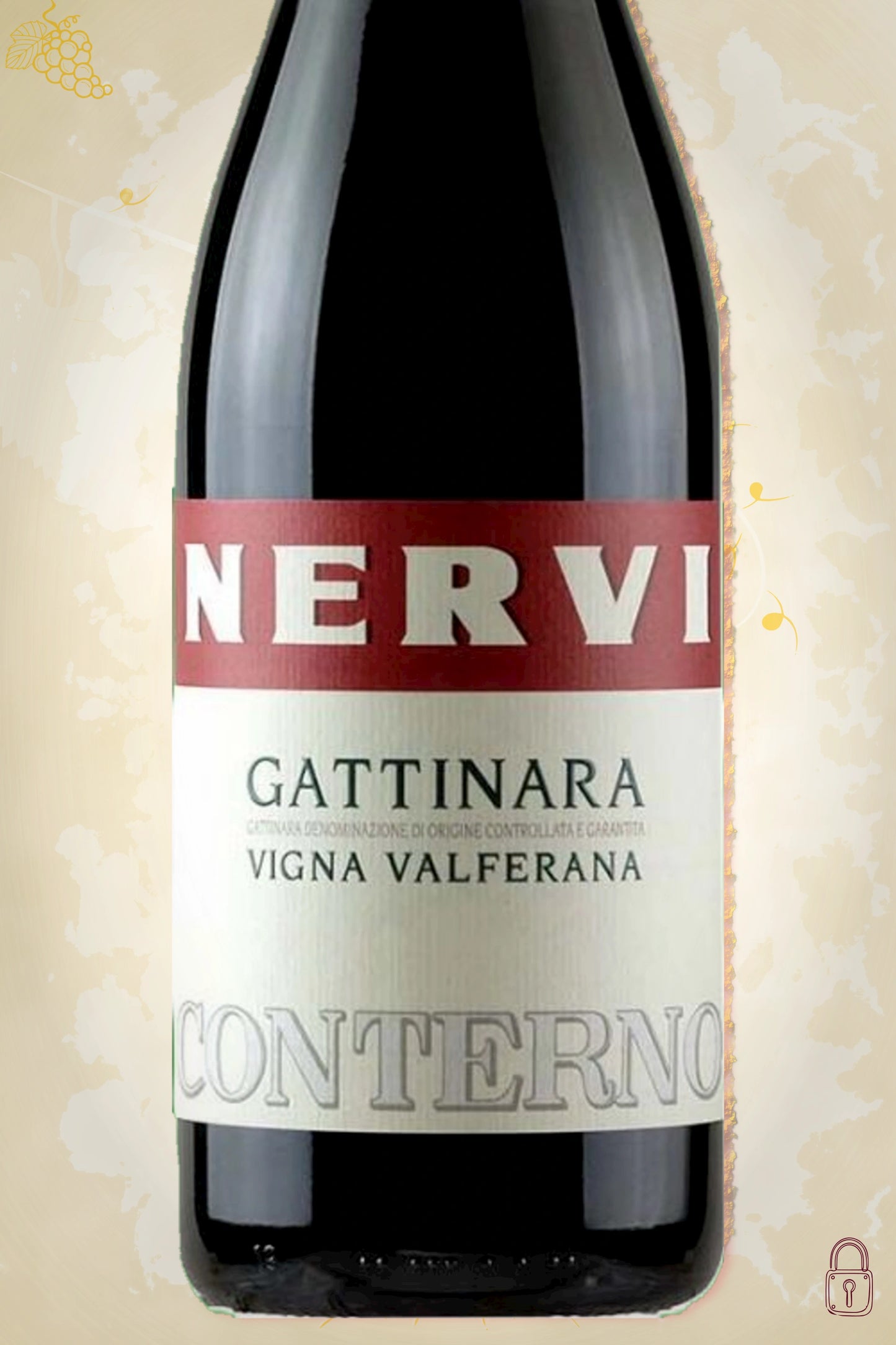 Close-up label Nervi-Conterno Gattinara Vigna Valferana 2016 – logo en vintage details zichtbaar
