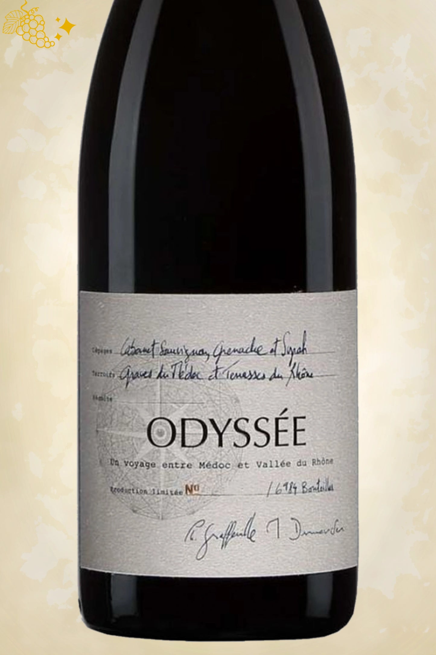 Close-up label Odyssée Chardonnay 2017 – logo en vintage details