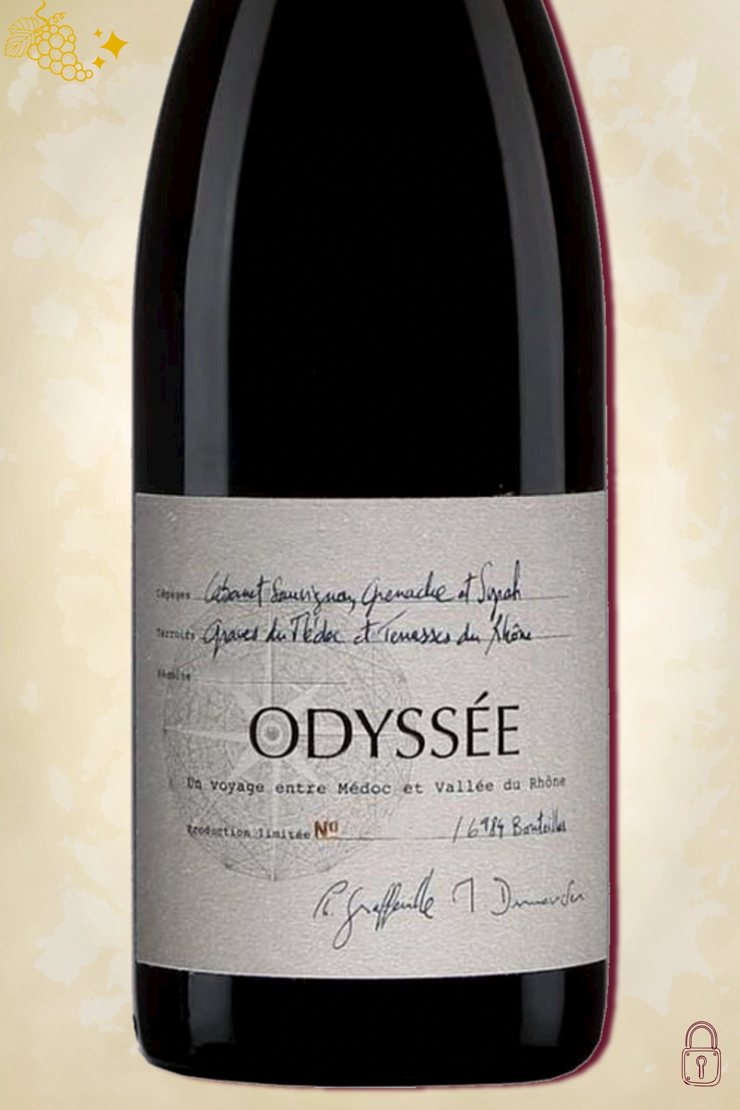 Close-up label Odyssée Chardonnay 2017 – logo en vintage details