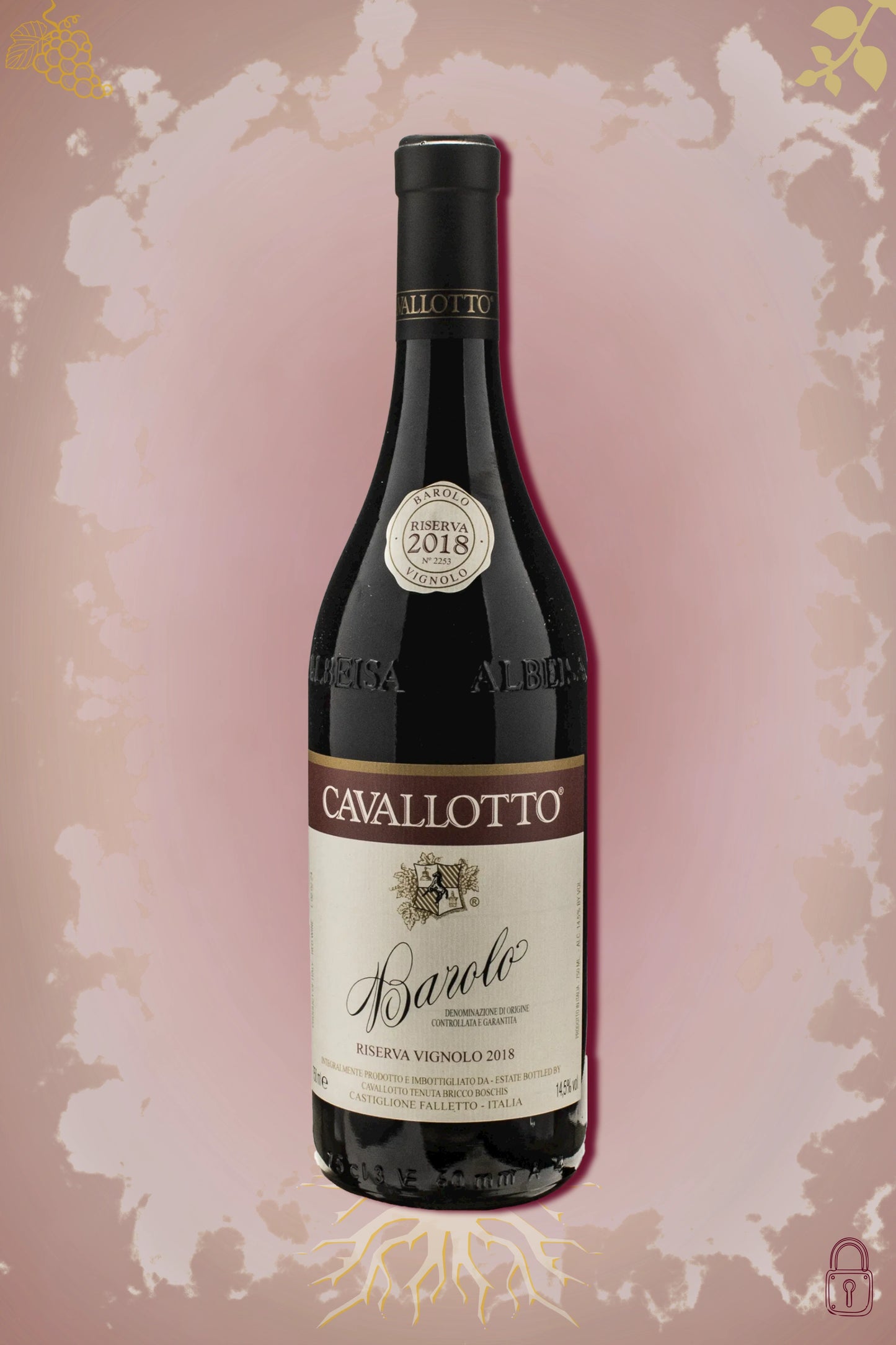 Cavallotto Barolo Riserva Vignolo 2018 tegen bordeaux achtergrond – premium biologische wijn