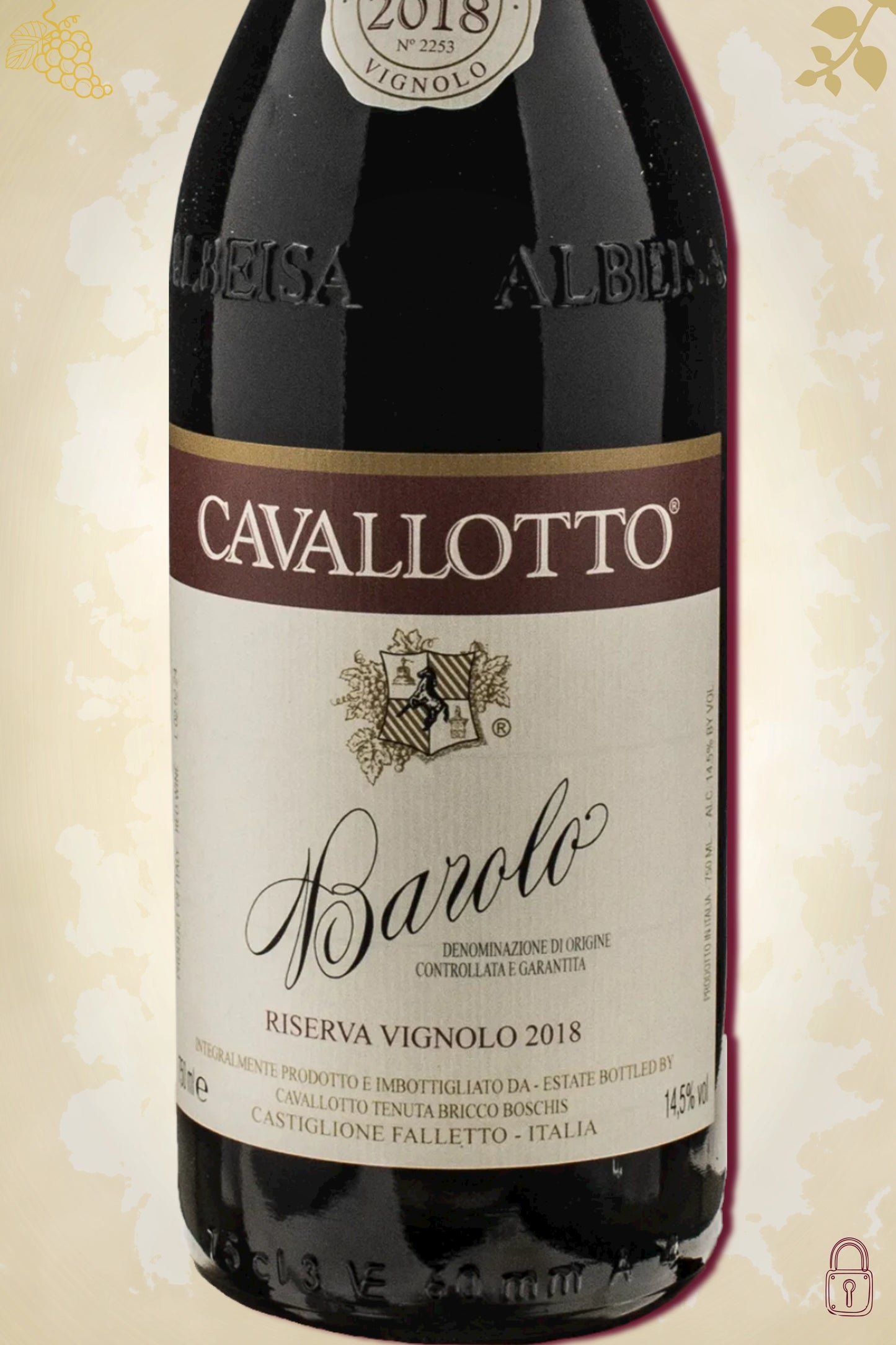Close-up label Cavallotto Barolo Riserva Vignolo 2018 – Cavallotto logo en vintage details zichtbaar