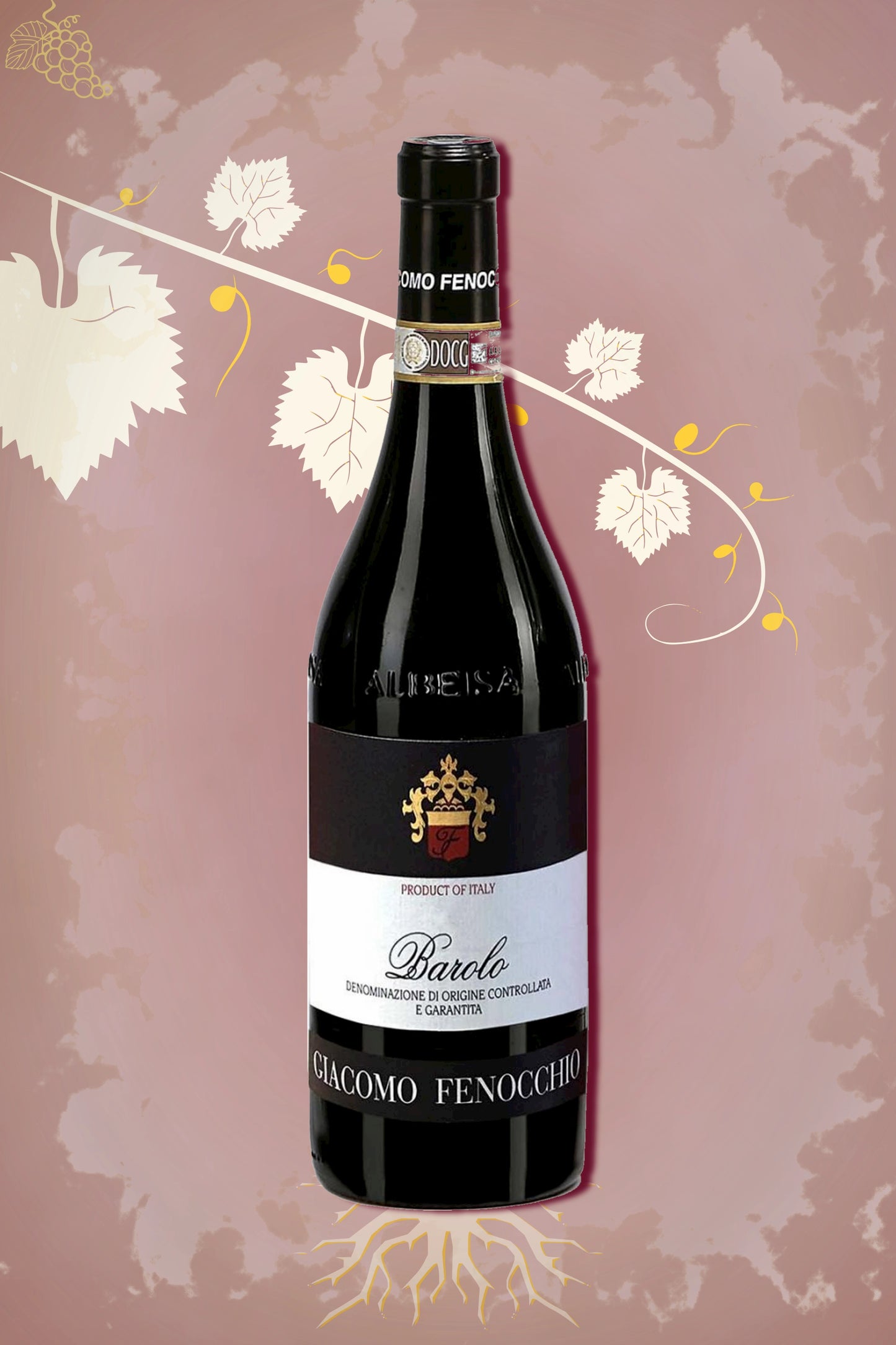 Fenocchio Barolo 2019 tegen bordeaux achtergrond – premium rode wijn