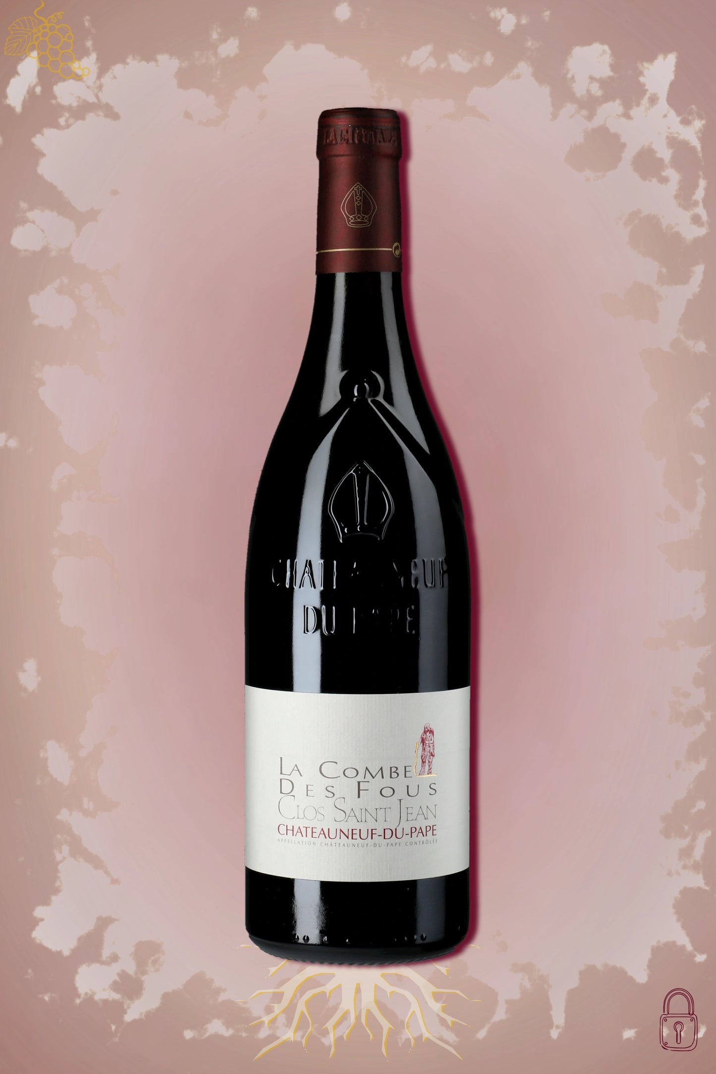 Fles Clos Saint Jean La Combe des Fous Châteauneuf-du-Pape 2021 tegen bordeauxrode achtergrond.
