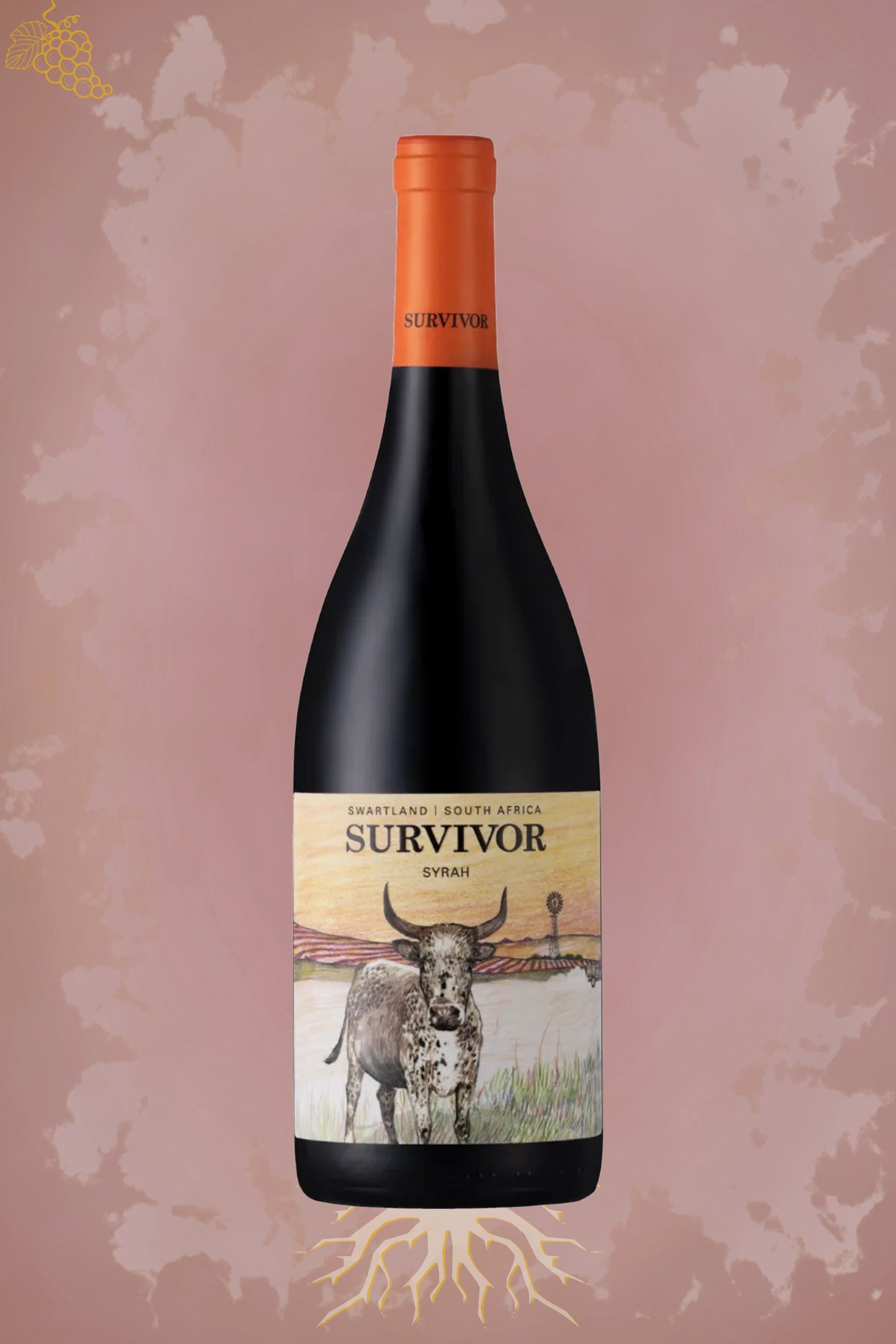 Survivor Syrah 2022 tegen bordeaux achtergrond – premium rode wijn