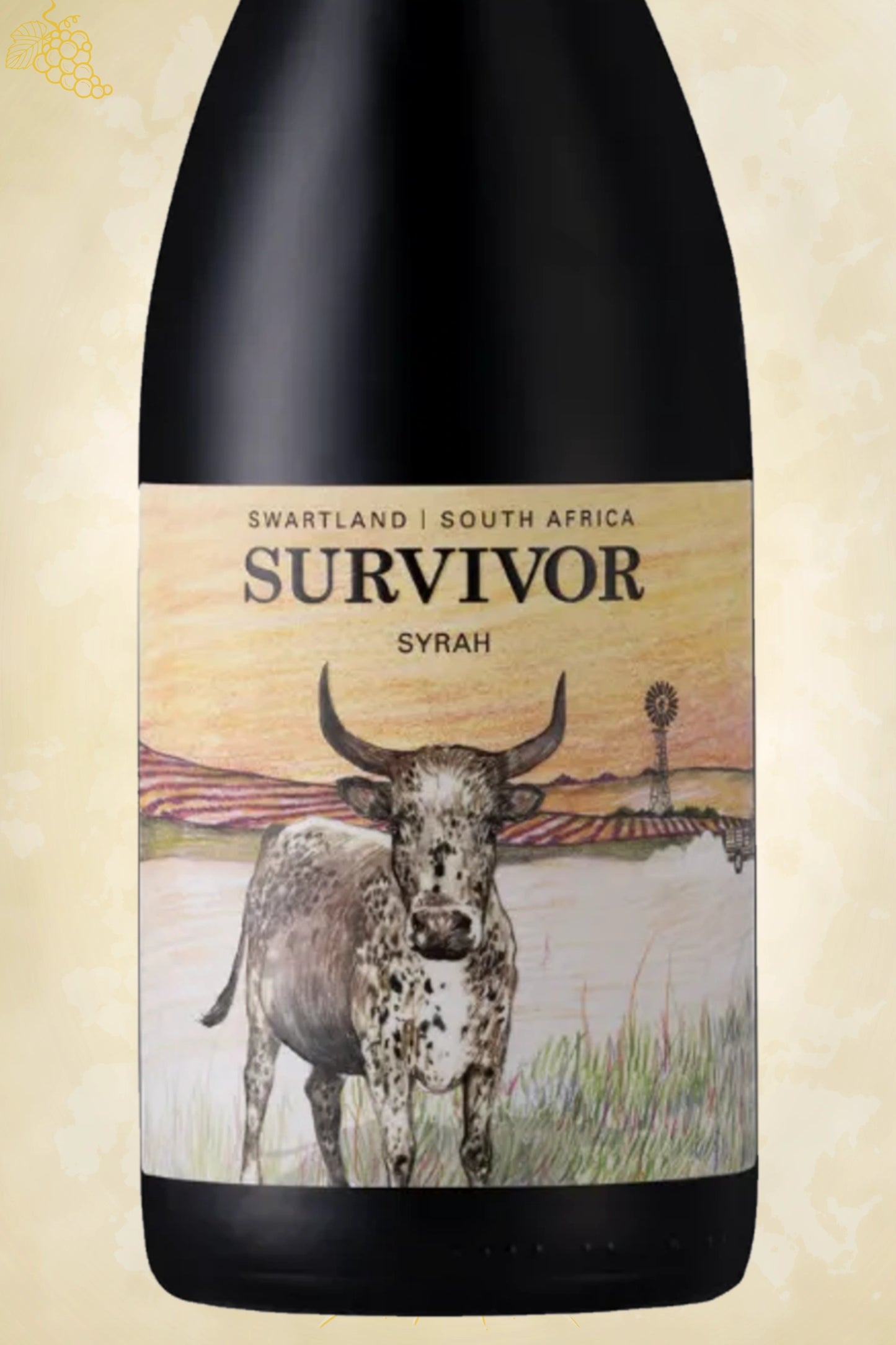 Close-up label Survivor Syrah 2022 – logo en vintage details zichtbaar