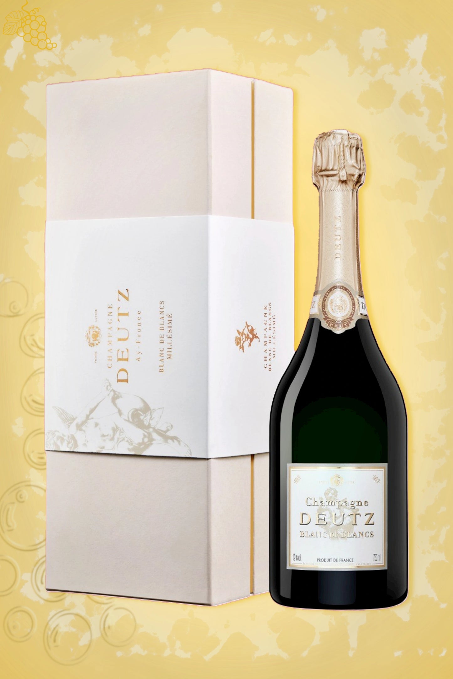 Champagne Deutz Brut Blanc de Blancs 2019 in Giftbox tegen gouden achtergrond – elegante champagne