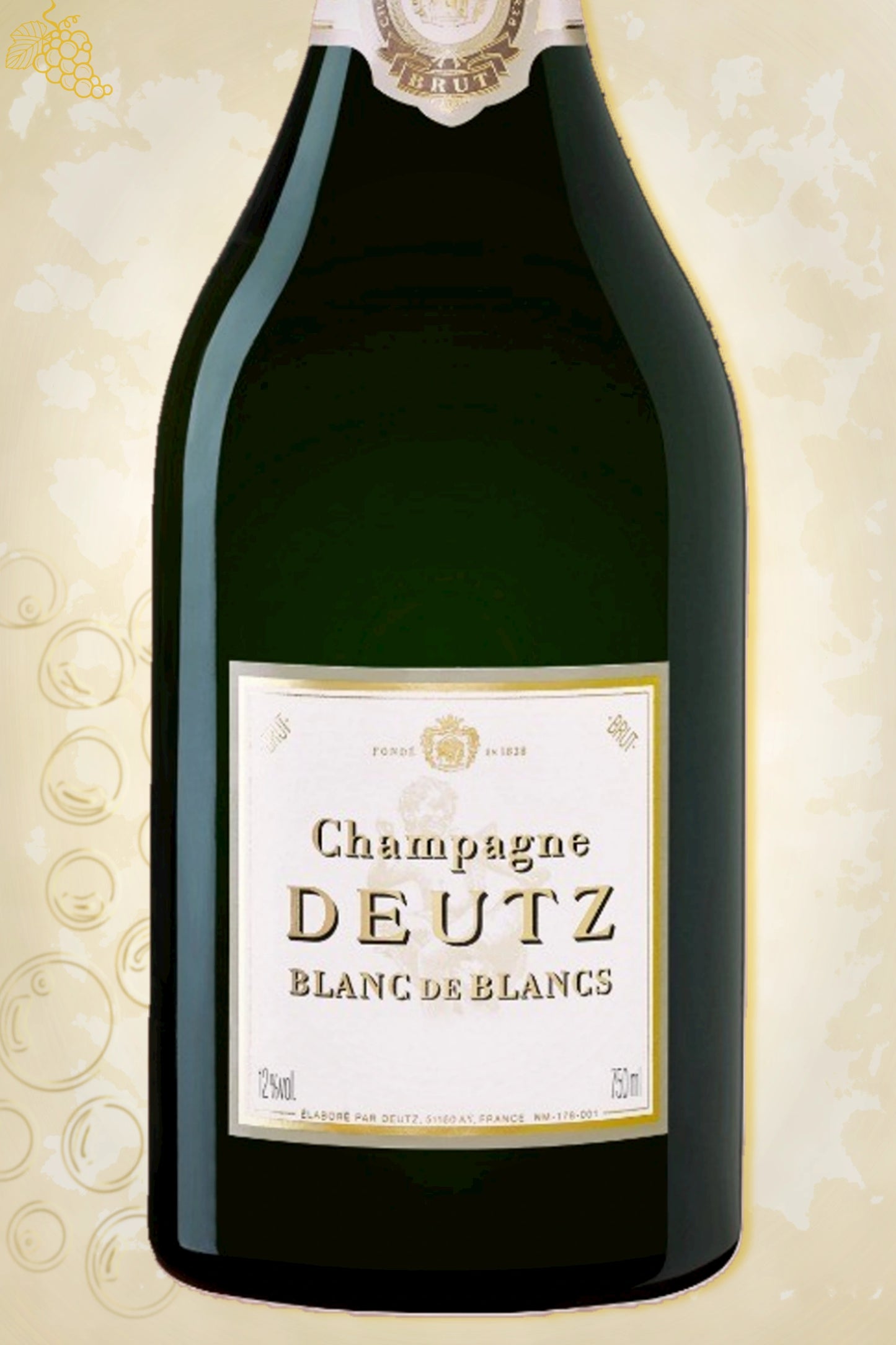 Close-up label Champagne Deutz Brut Blanc de Blancs 2019 – logo en jaartal zichtbaar