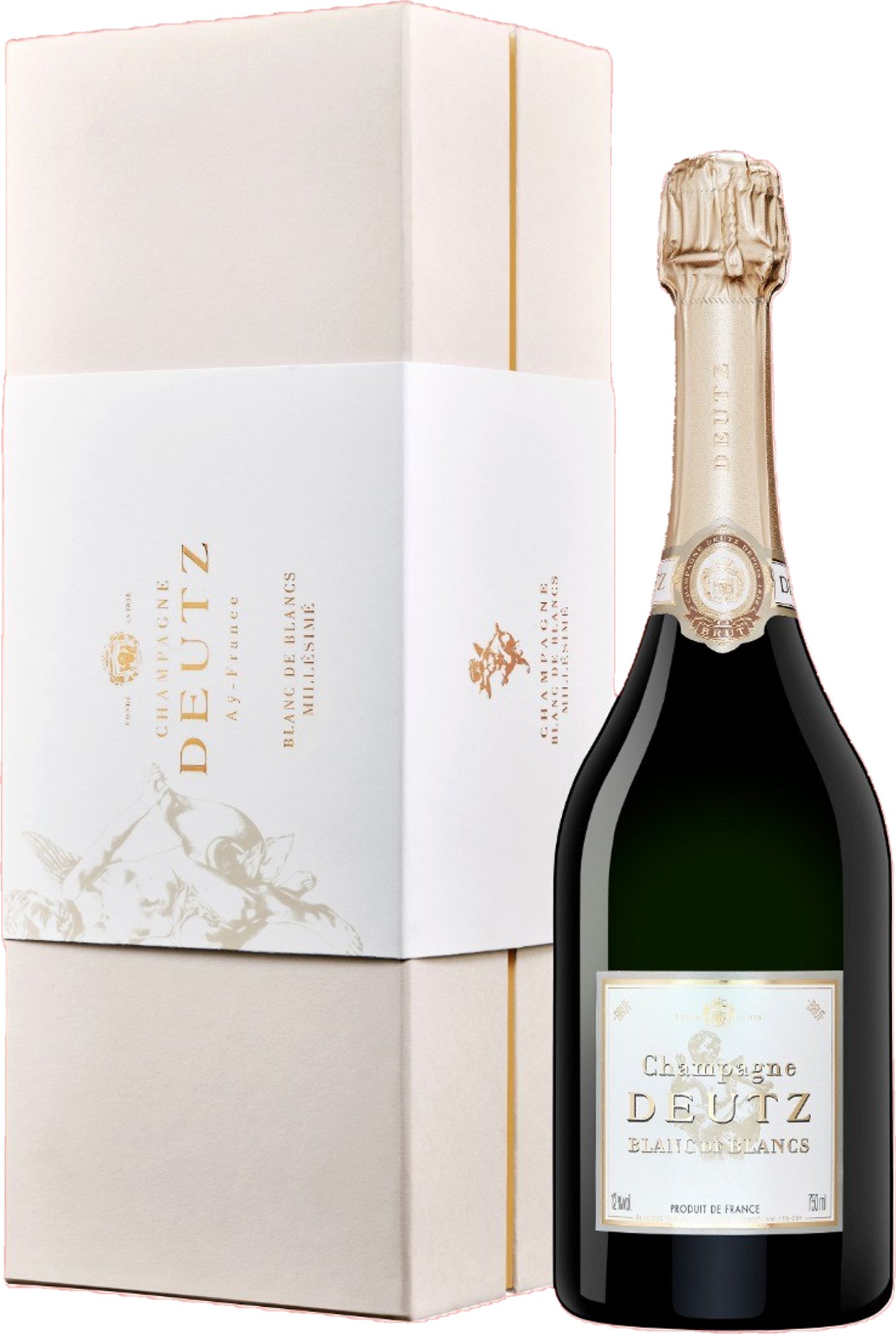 Champagne Deutz Brut Blanc de Blancs 2019 in Giftbox tegen gouden achtergrond – elegante champagne