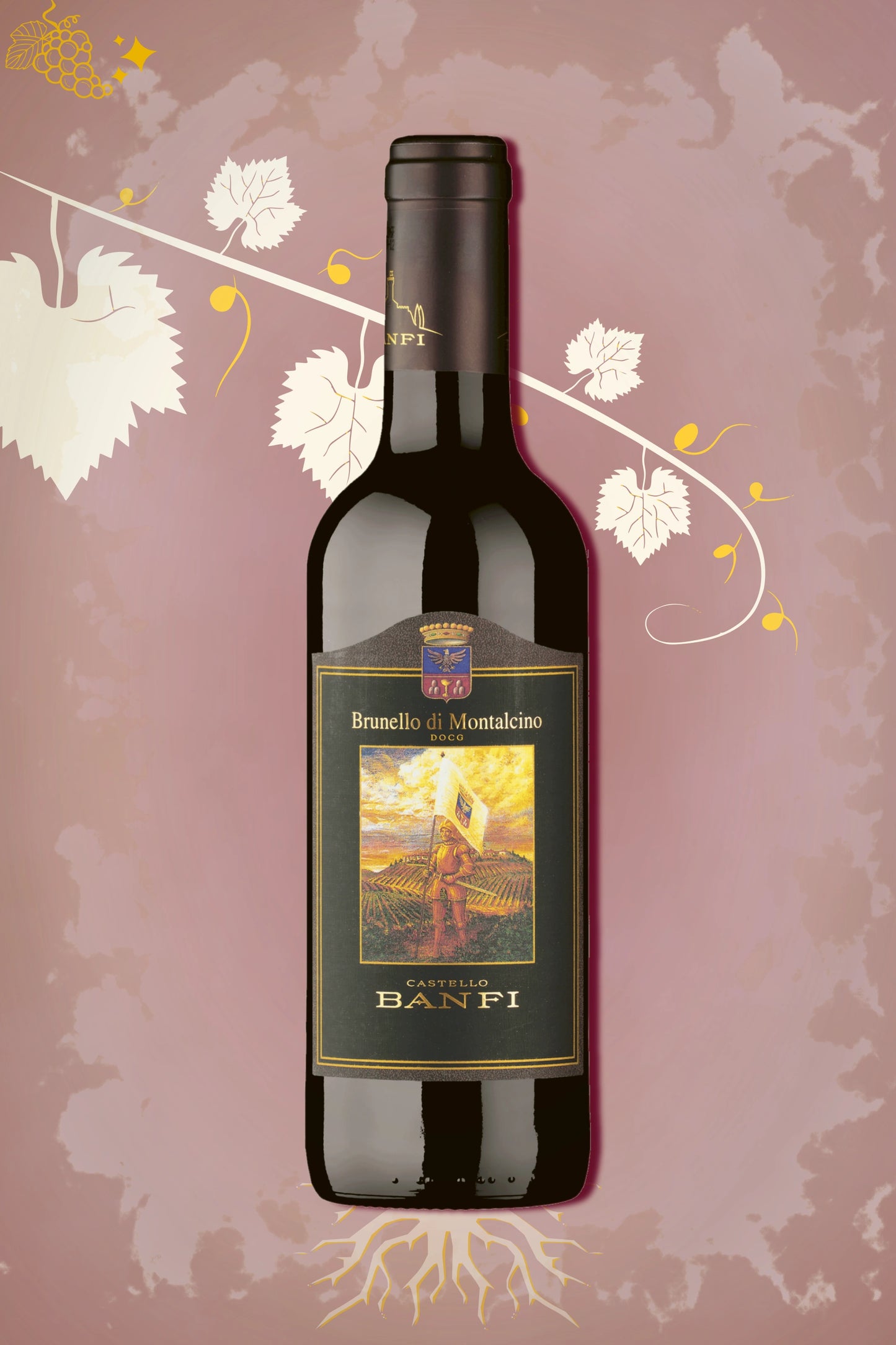 Halve fles (375 ml) Castello Banfi Brunello di Montalcino 2019 uit Toscane tegen bordeauxrode achtergrond.
