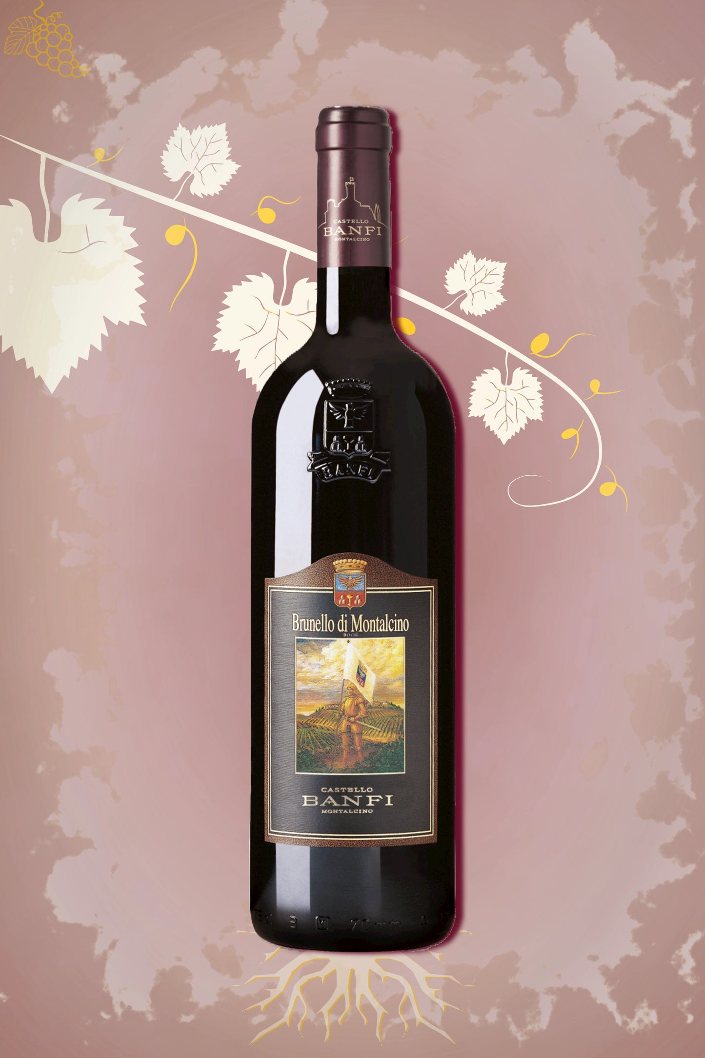 Fles Castello Banfi Brunello di Montalcino 2019, Sangiovese uit Toscane, tegen bordeauxrode achtergrond.