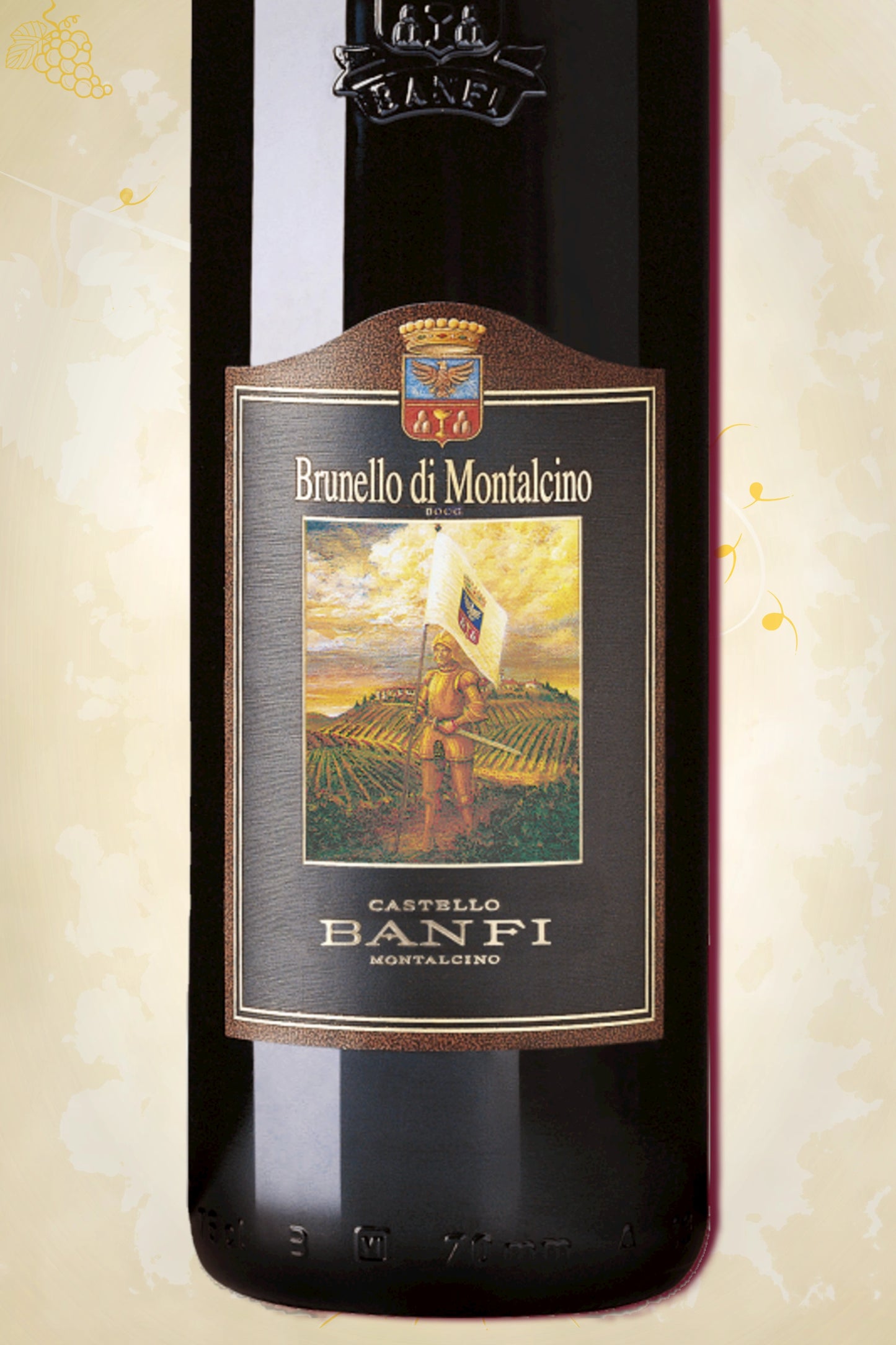 Close-up label Castello Banfi Brunello di Montalcino 2019 – logo en DOCG details