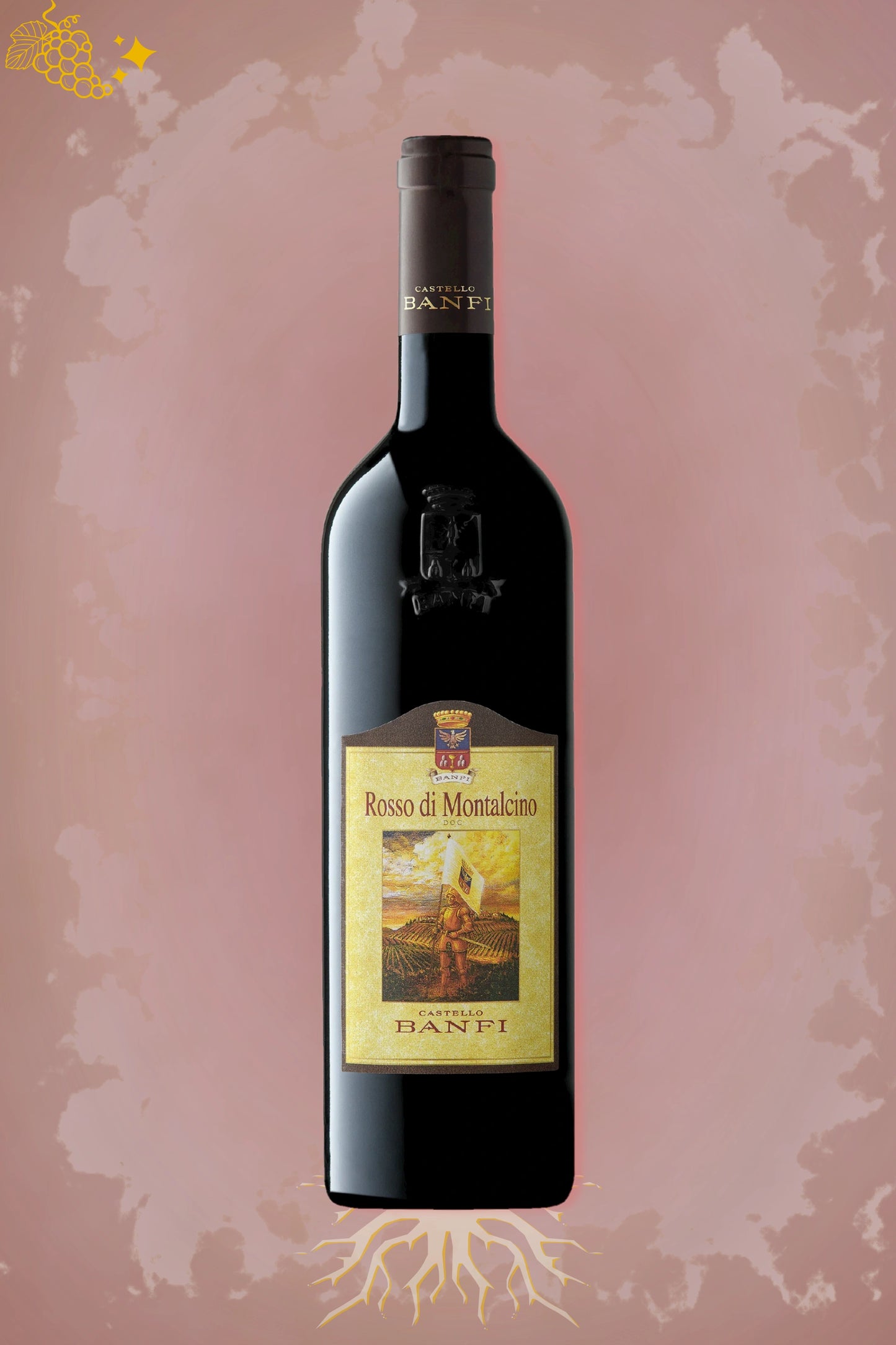 Fles Castello Banfi Rosso di Montalcino 2023, Italiaanse Sangiovese-rode wijn uit Toscane, op bordeauxrode achtergrond.