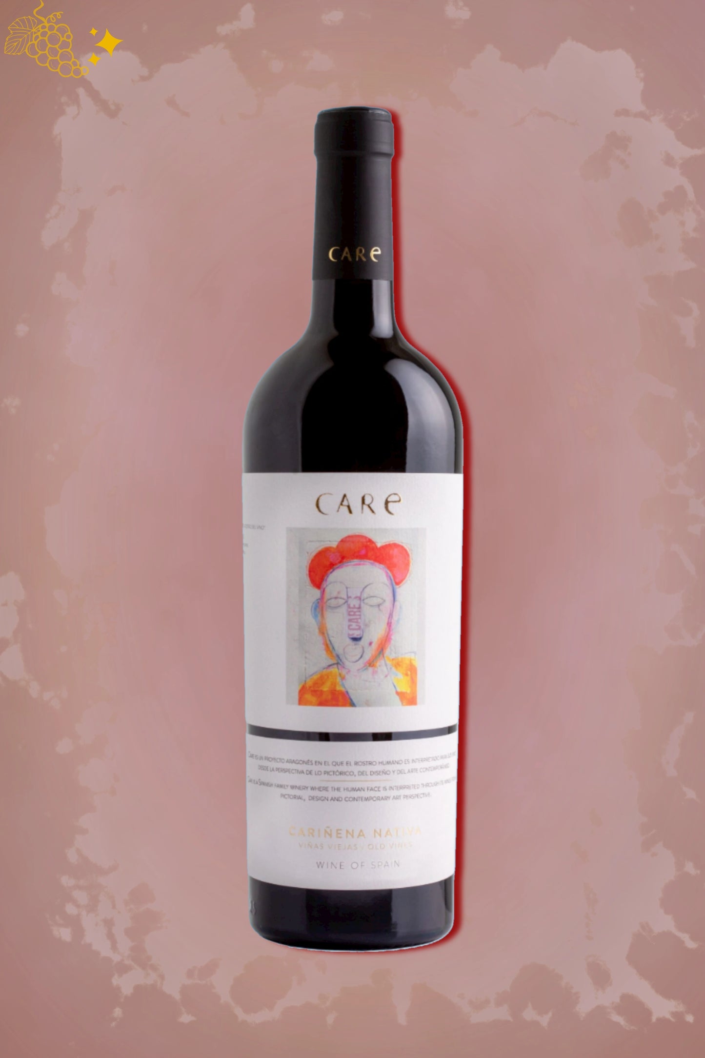 Care Cariñena Nativa 2023 tegen bordeaux achtergrond – Spaanse rode wijn