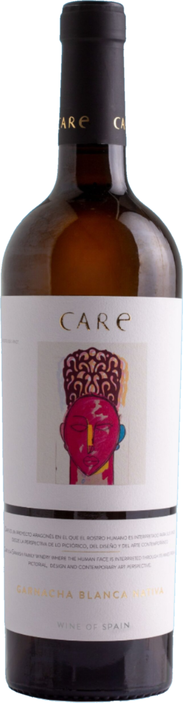Care Garnacha Blanca Nativa 2024 tegen gouden achtergrond – Spaanse witte wijn