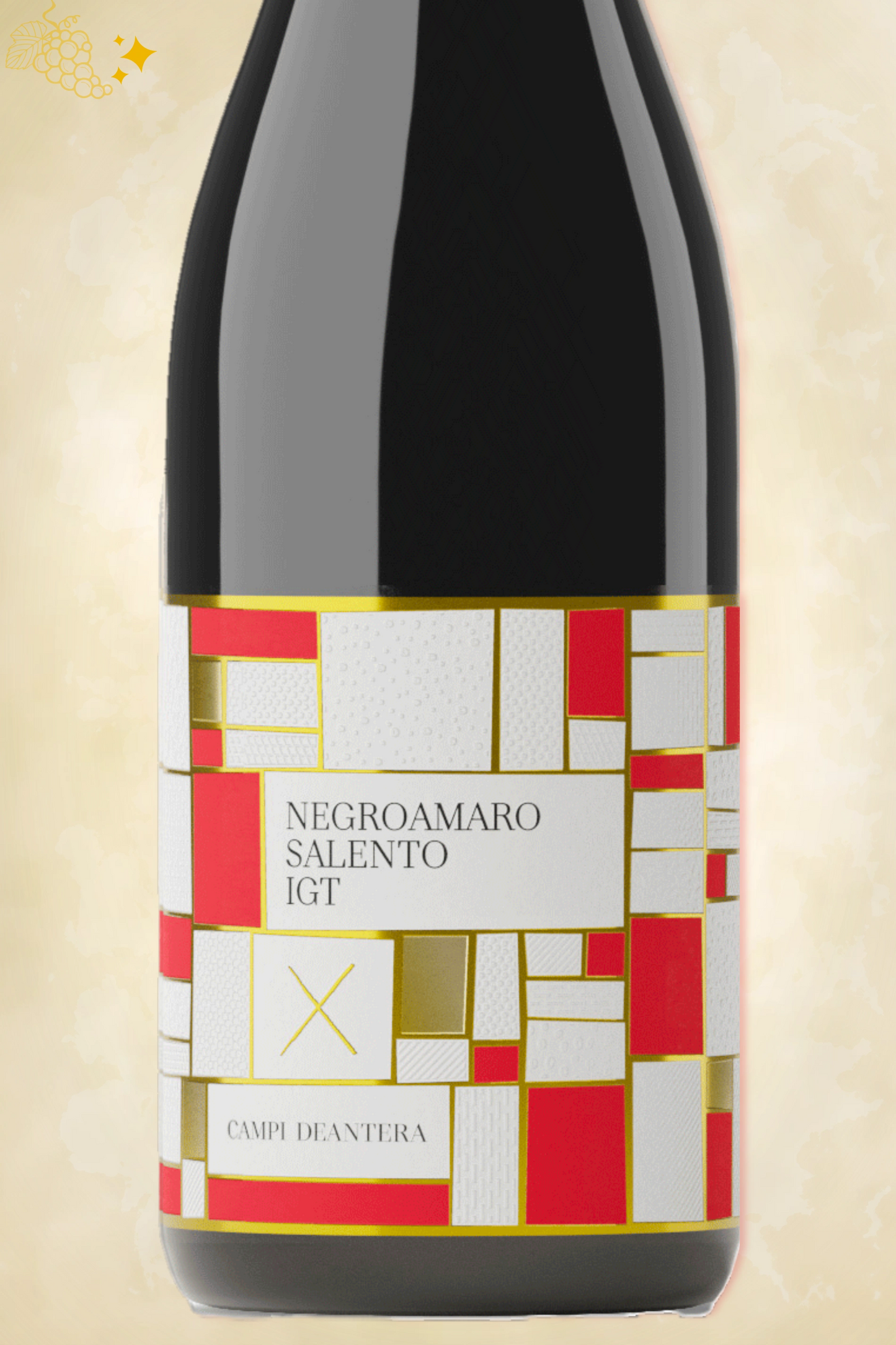Close-up label Campi Deantera Negroamaro 2024 – Salento IGT details zichtbaar
