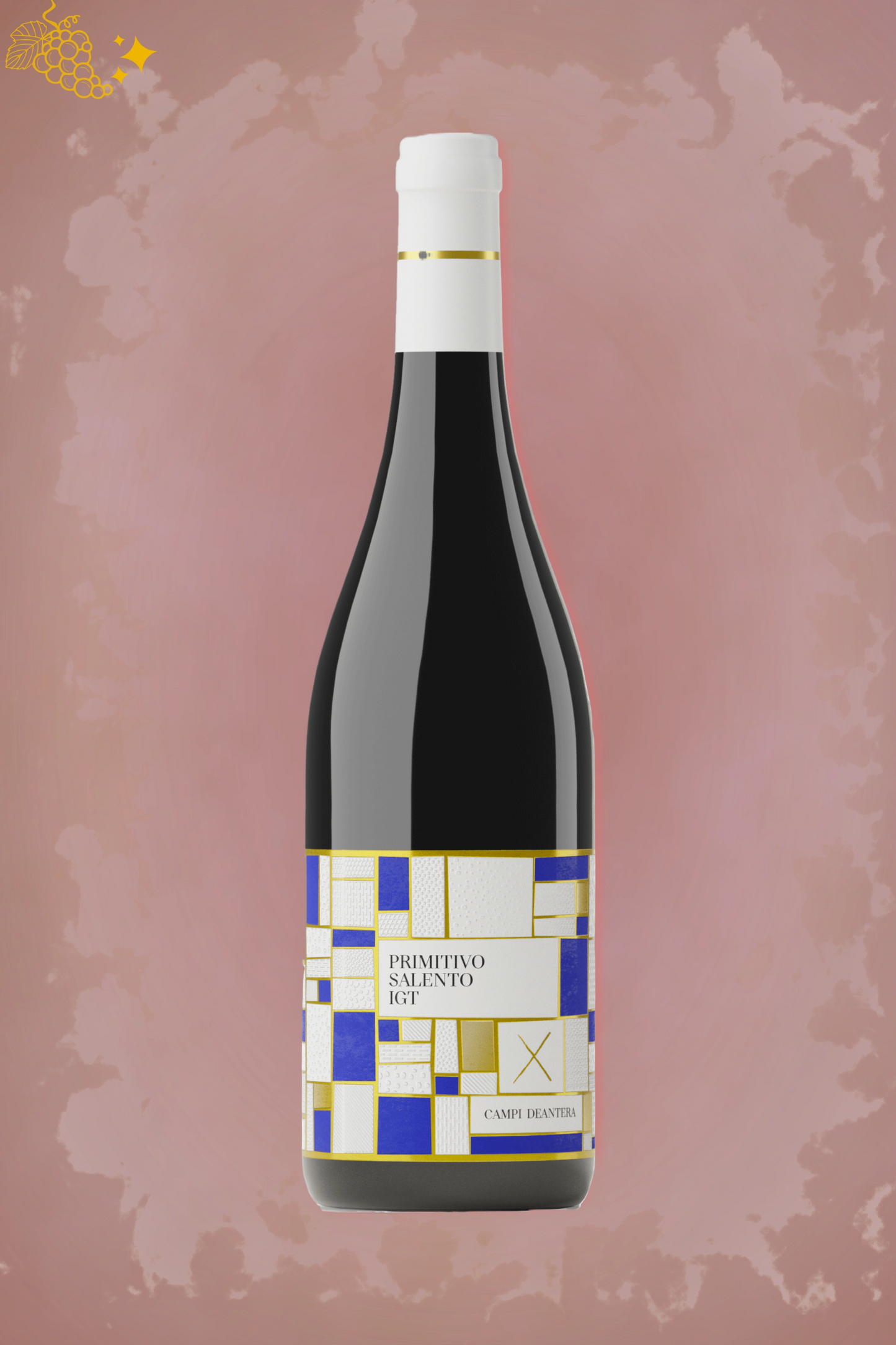 Campi Deantera Salento IGT Primitivo 2024 tegen bordeaux achtergrond – rode wijn
