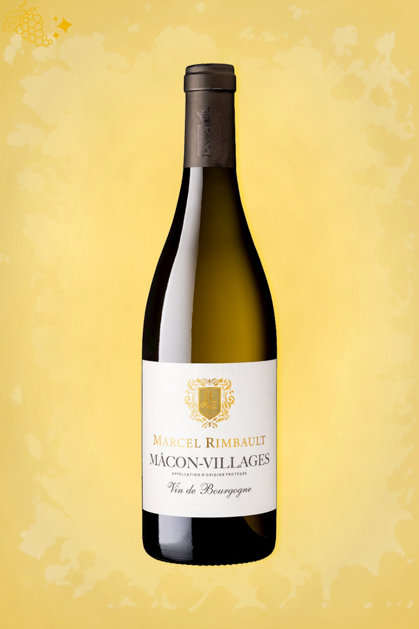 Domaine Marcel Rimbault Mâcon Villages 2024 tegen gouden achtergrond – elegante witte wijn