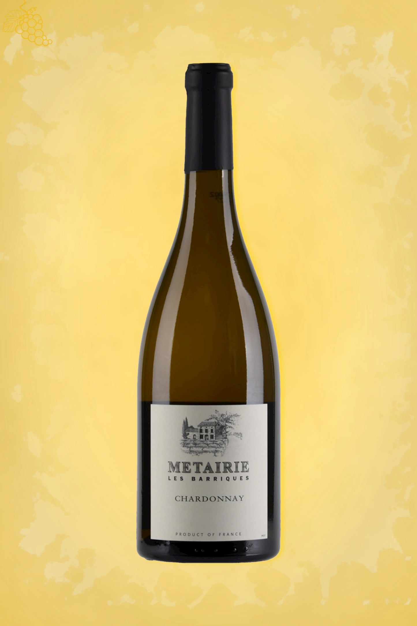 Métairie Les Barriques Chardonnay 2024 tegen gouden achtergrond – premium witte wijn