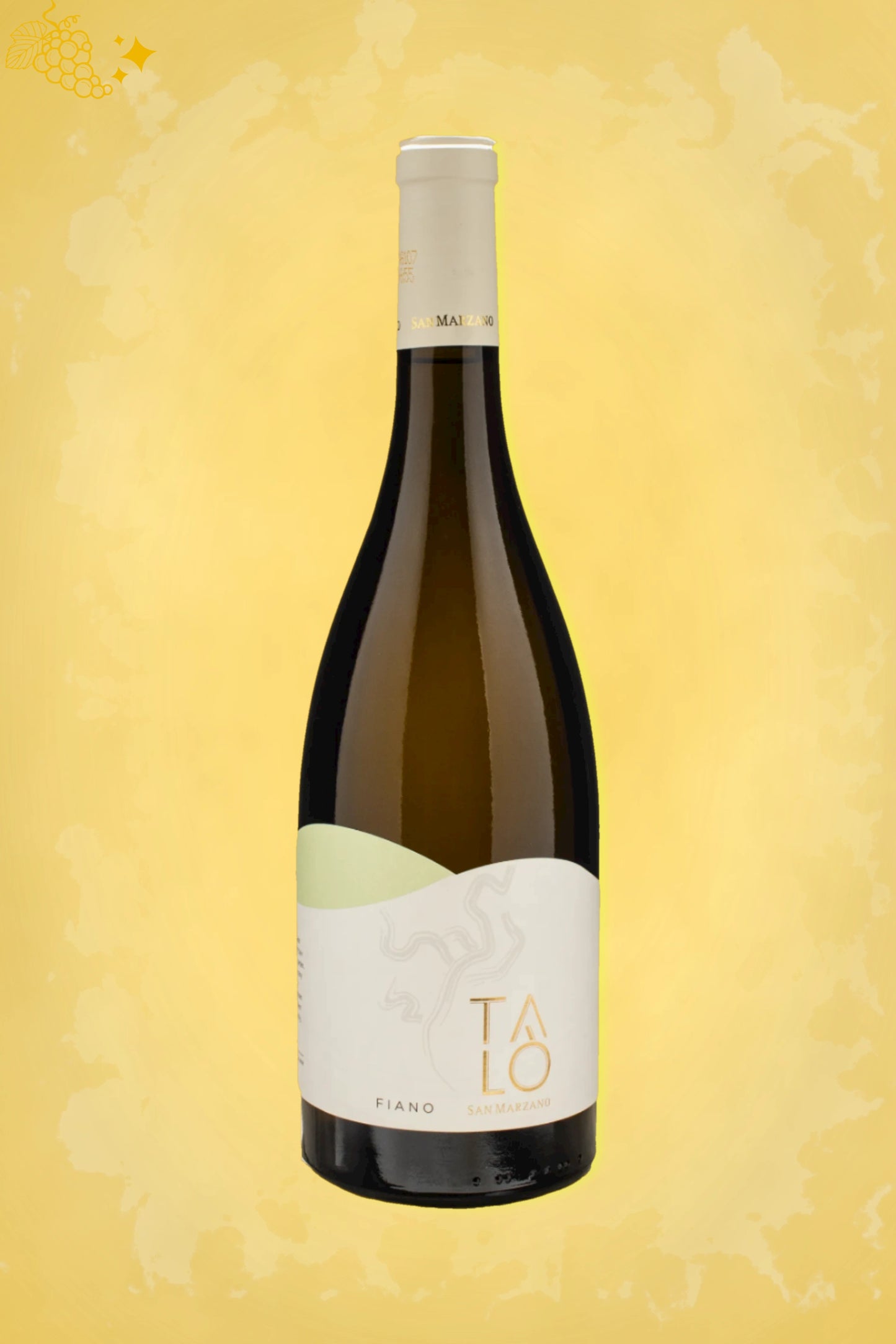 San Marzano Talò Fiano 2024 tegen gouden achtergrond – frisse witte wijn