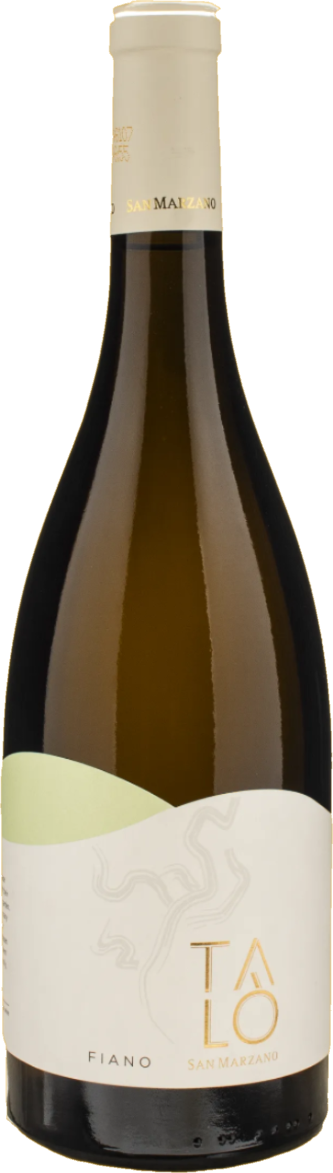 San Marzano Talò Fiano 2024 tegen gouden achtergrond – frisse witte wijn