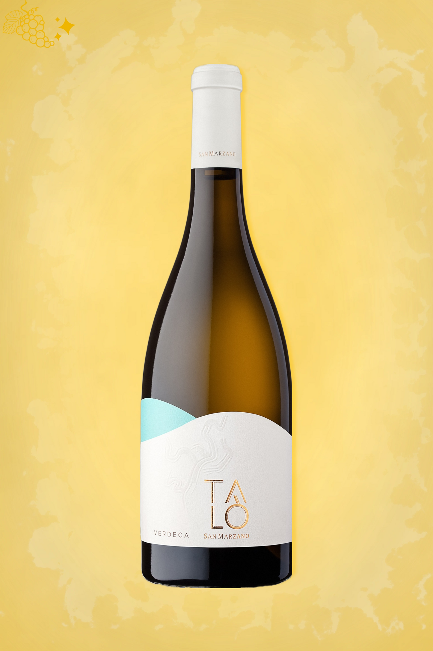 San Marzano Talò Verdeca 2024 tegen gouden achtergrond – elegante witte wijn