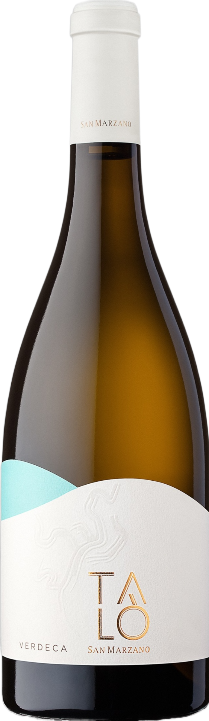 San Marzano Talò Verdeca 2024 tegen gouden achtergrond – elegante witte wijn
