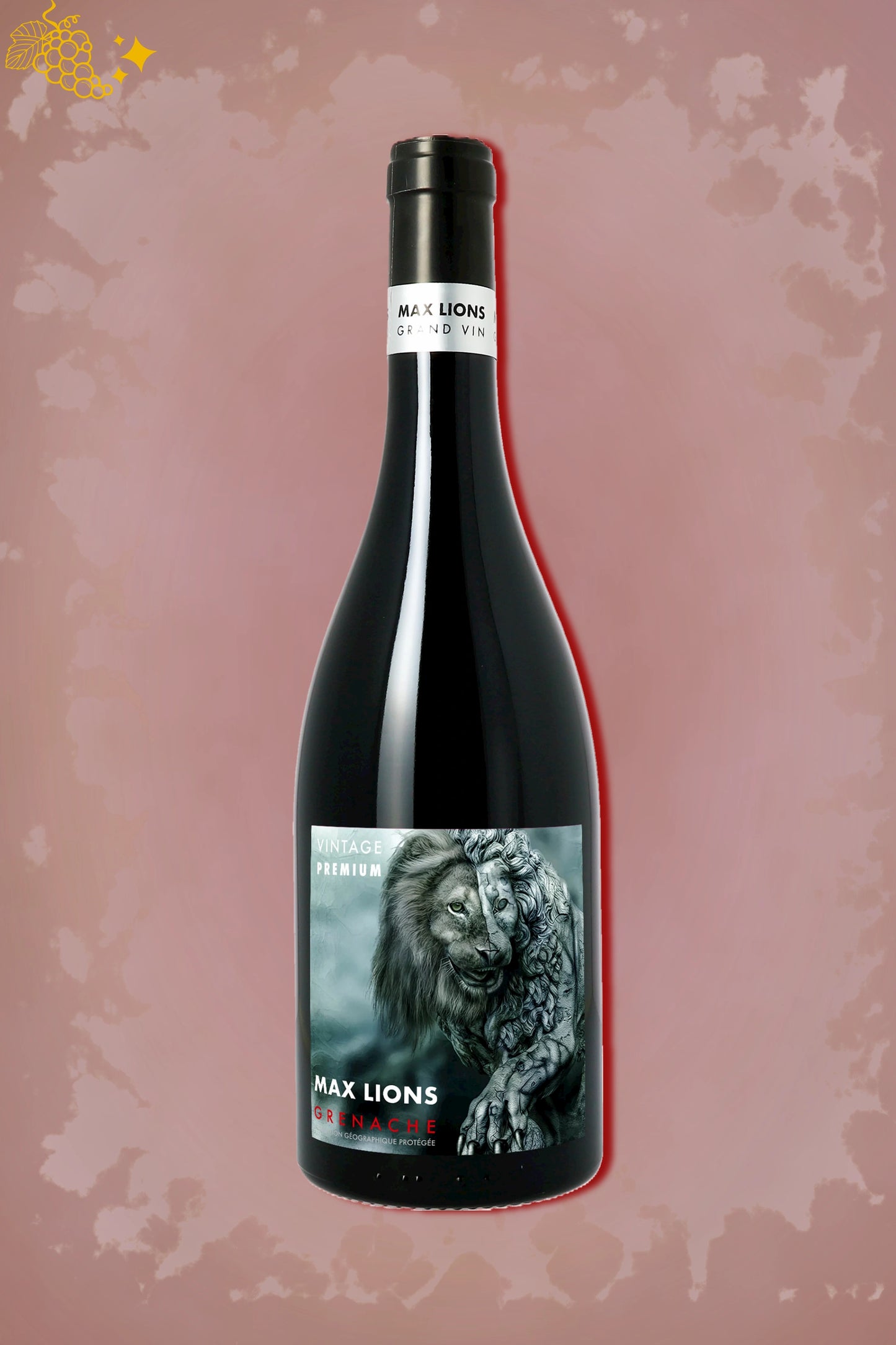 Vignobles Vellas Max Lions Grenache 2023 tegen bordeaux achtergrond – rode wijn
