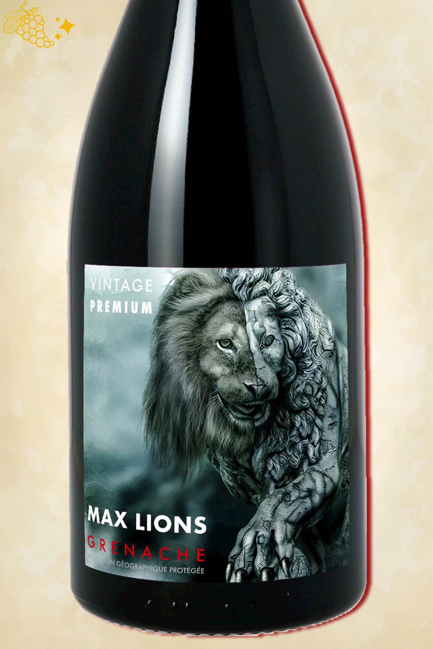 Close-up label Max Lions Grenache 2023 – Vignobles Vellas details zichtbaar