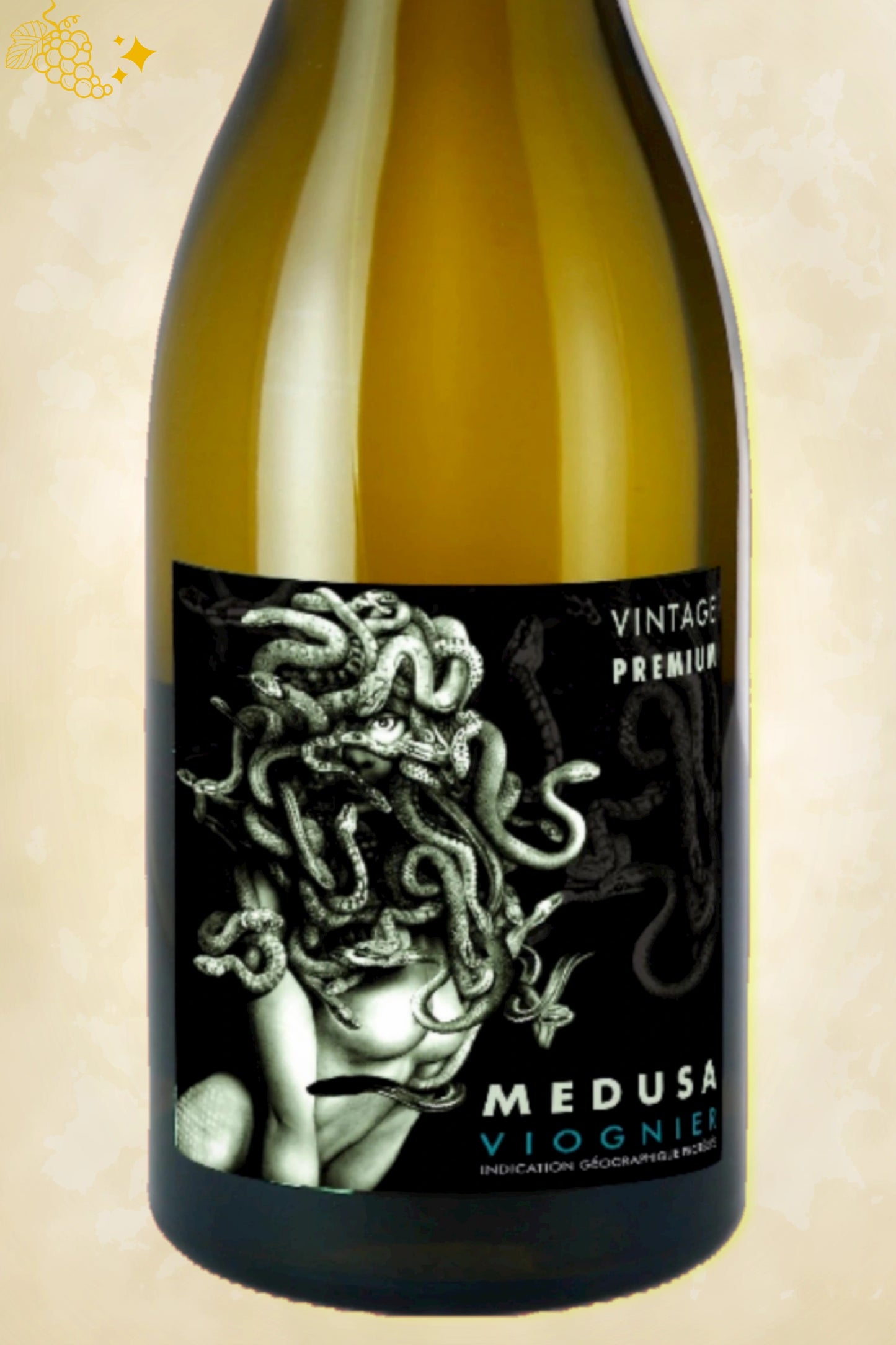 Close-up label Medusa Viognier 2024 – Vignobles Vellas details zichtbaar