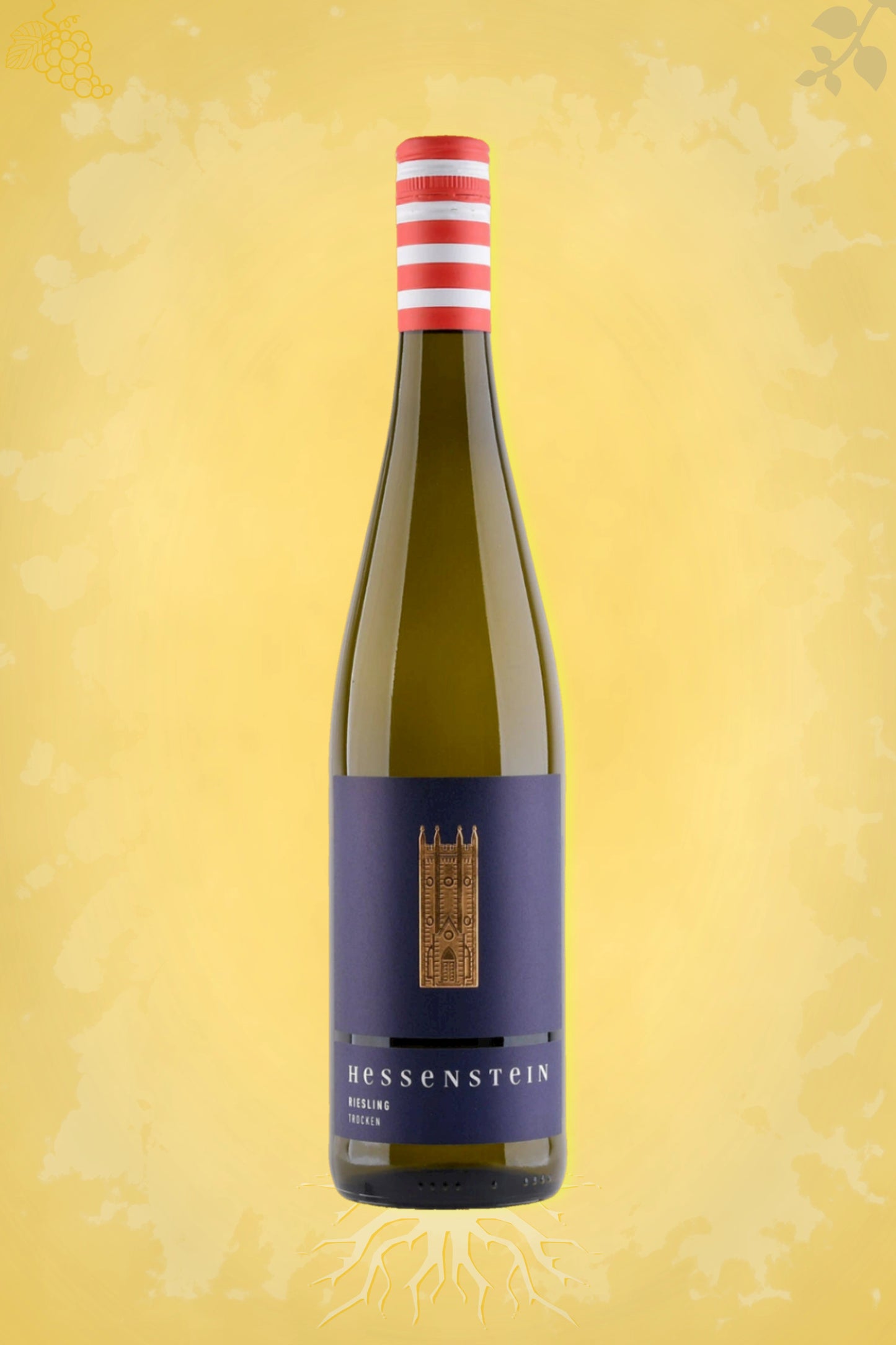 Fles Weingut Prinz von Hessen Hessenstein Riesling 2023 uit de Rheingau tegen een gouden achtergrond.
