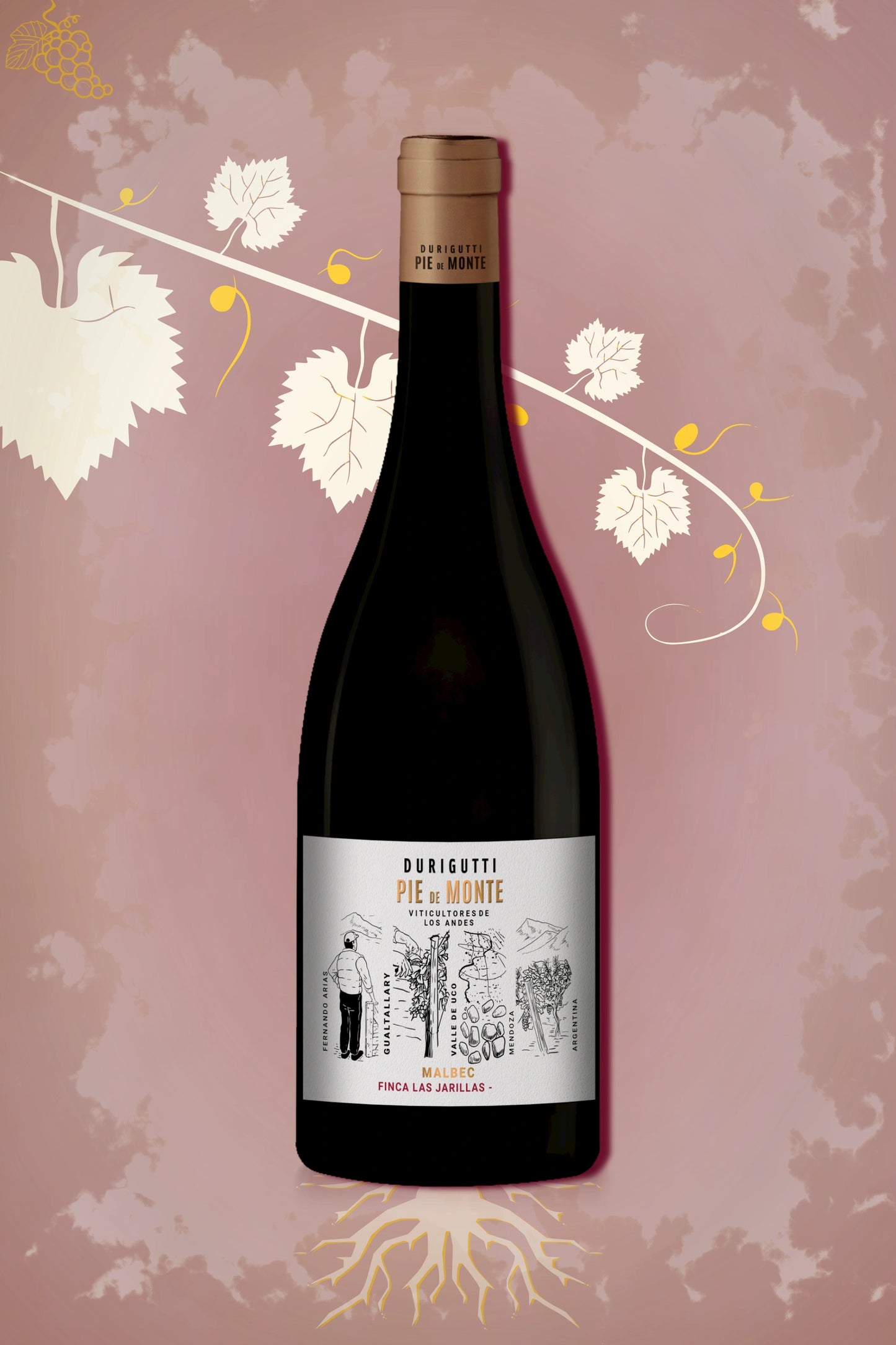 Durigutti Pie de Monte Malbec 2022 tegen bordeaux achtergrond – premium rode wijn