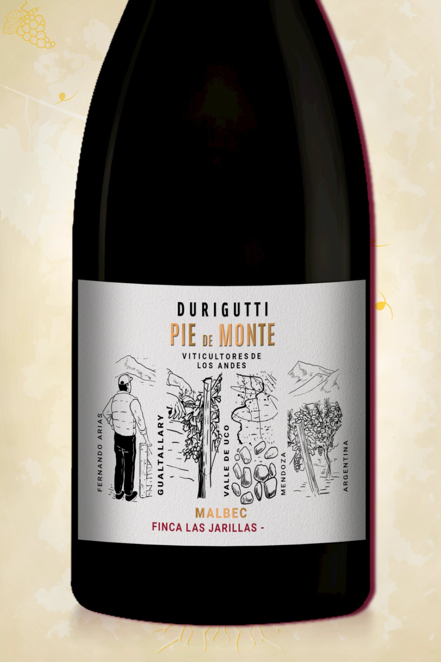 Close-up label Durigutti Pie de Monte Malbec 2022 – Durigutti logo en vintage details zichtbaar