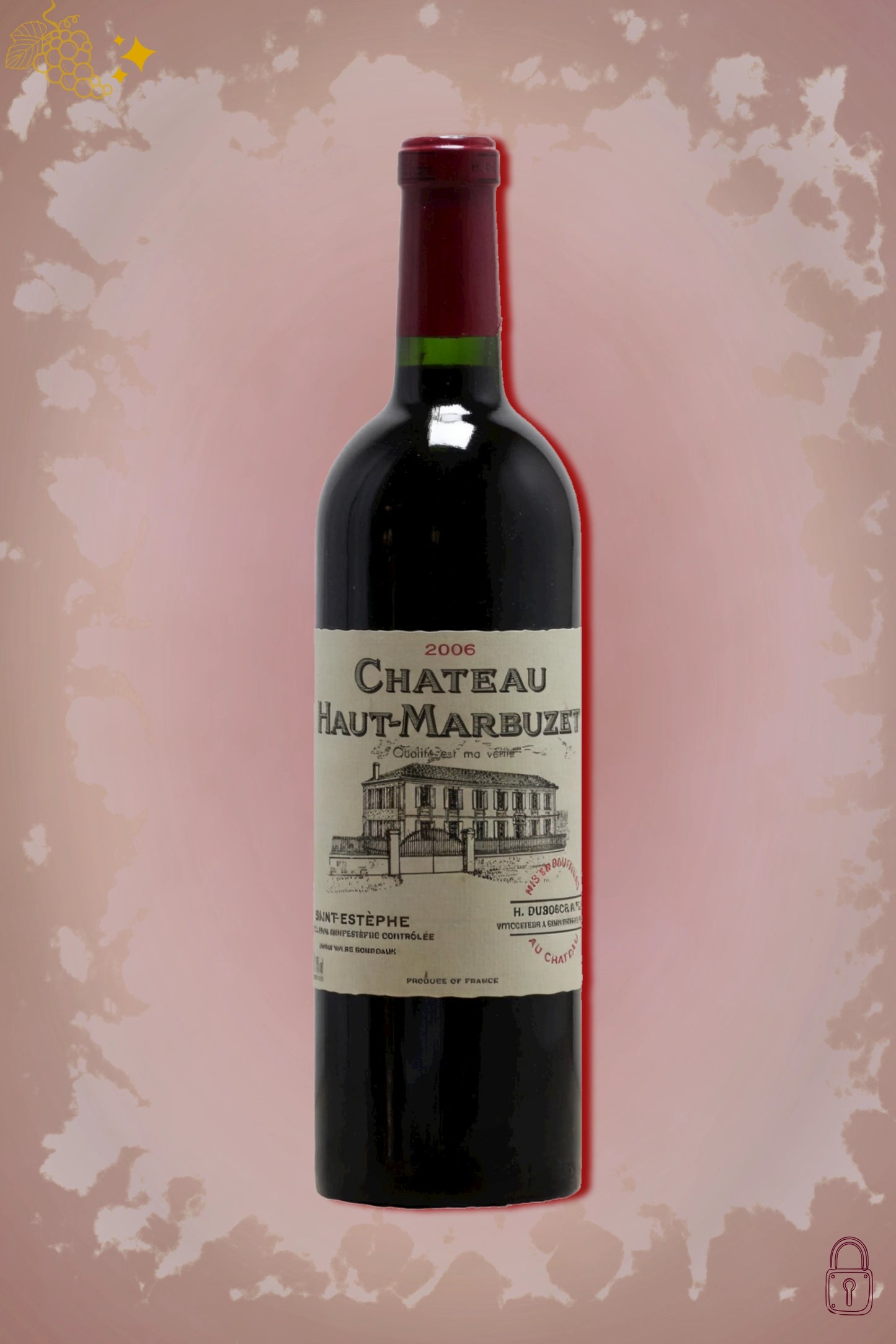 Château Haut-Marbuzet 2006 tegen bordeaux achtergrond – premium rode wijn