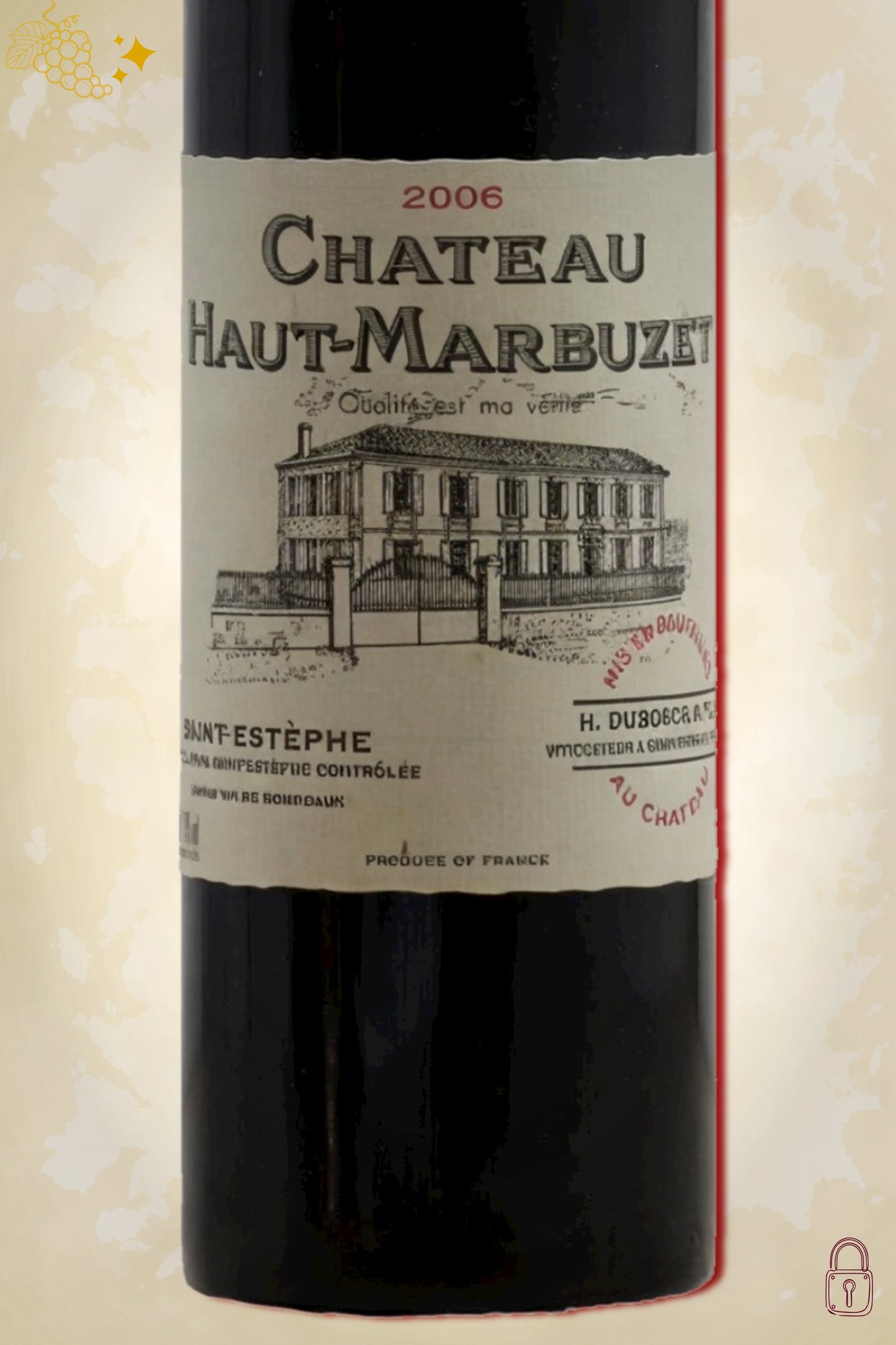 Close-up label Château Haut-Marbuzet 2006 – château details en vintage zichtbaar