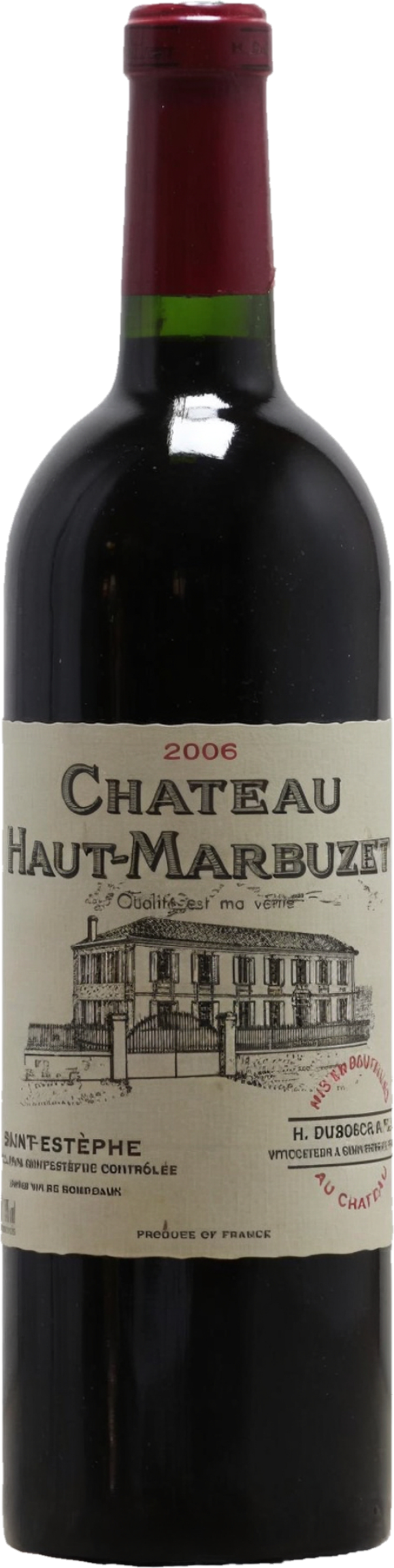 Château Haut-Marbuzet 2006 tegen bordeaux achtergrond – premium rode wijn