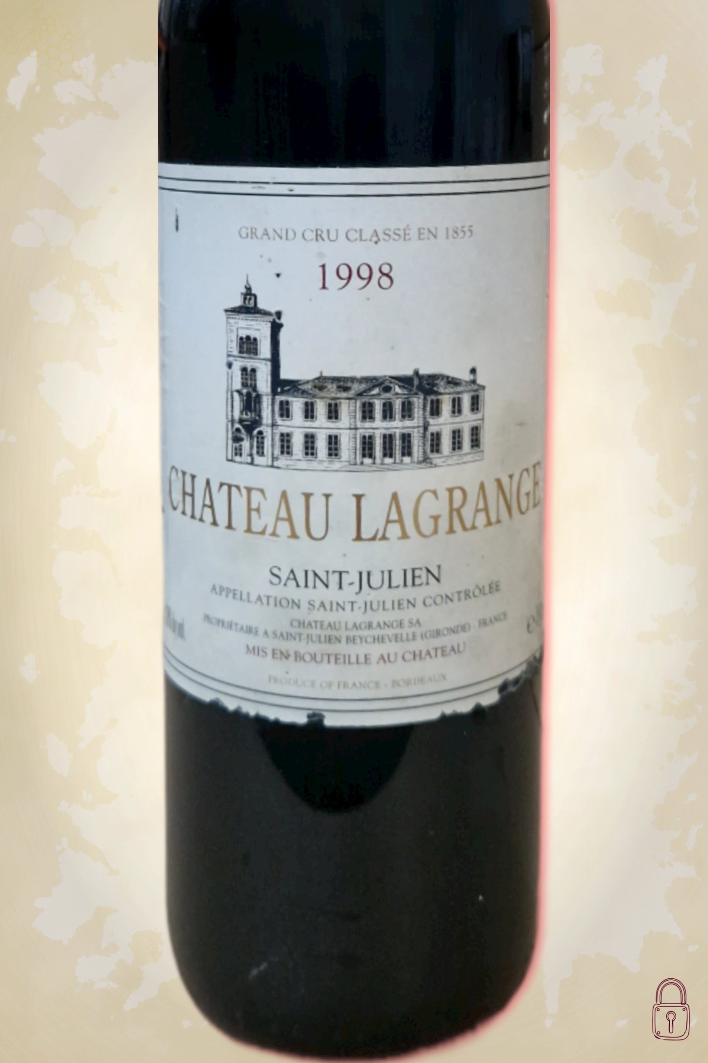 Close-up label Château Lagrange 1998 – Grand Cru Classé details zichtbaar