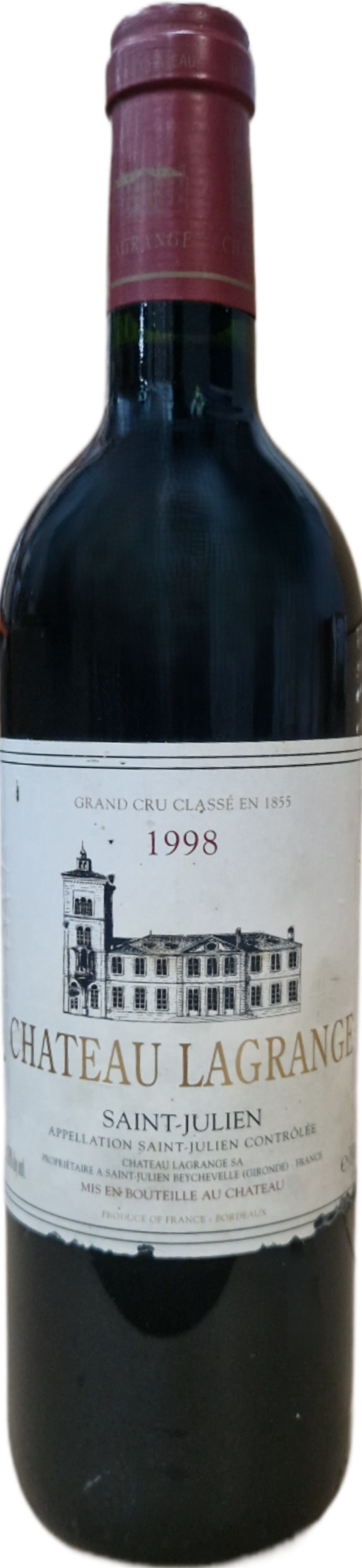 Château Lagrange 1998 tegen bordeaux achtergrond – klassieke Grand Cru Classé
