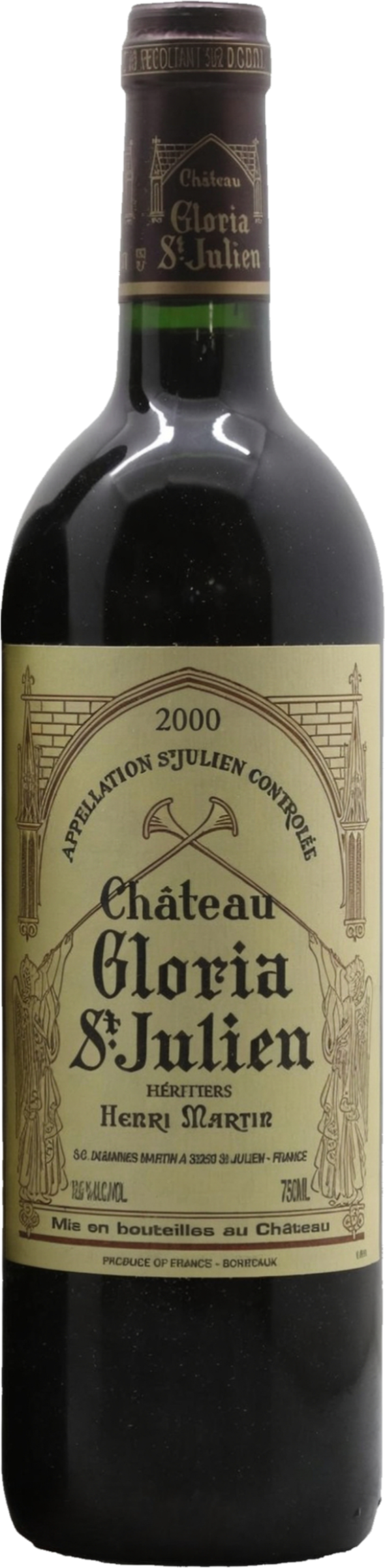 Château Gloria 2000 tegen bordeaux achtergrond – premium rode wijn
