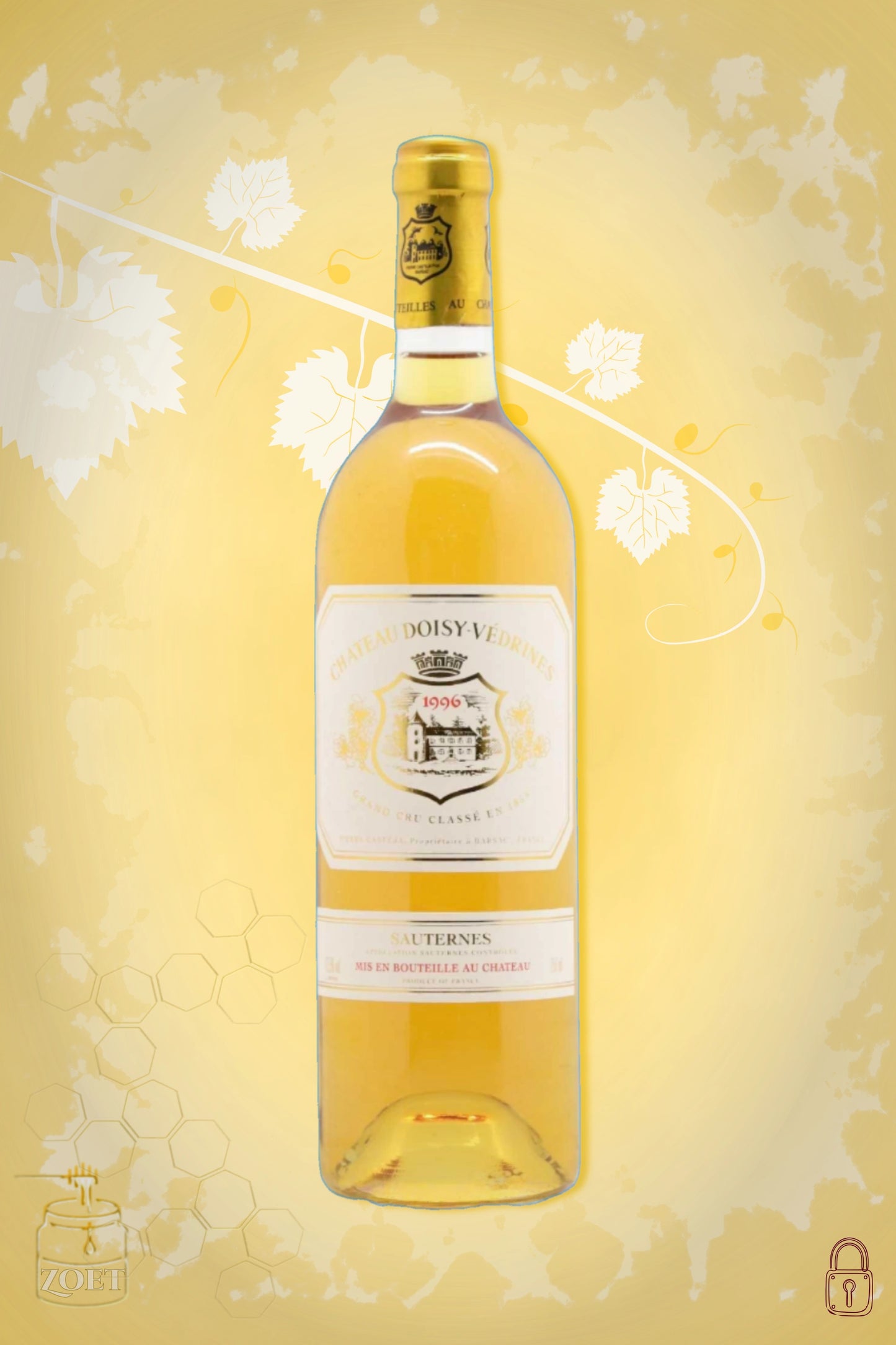 Château Doisy-Védrines 1996 tegen gouden achtergrond – klassieke dessertwijn
