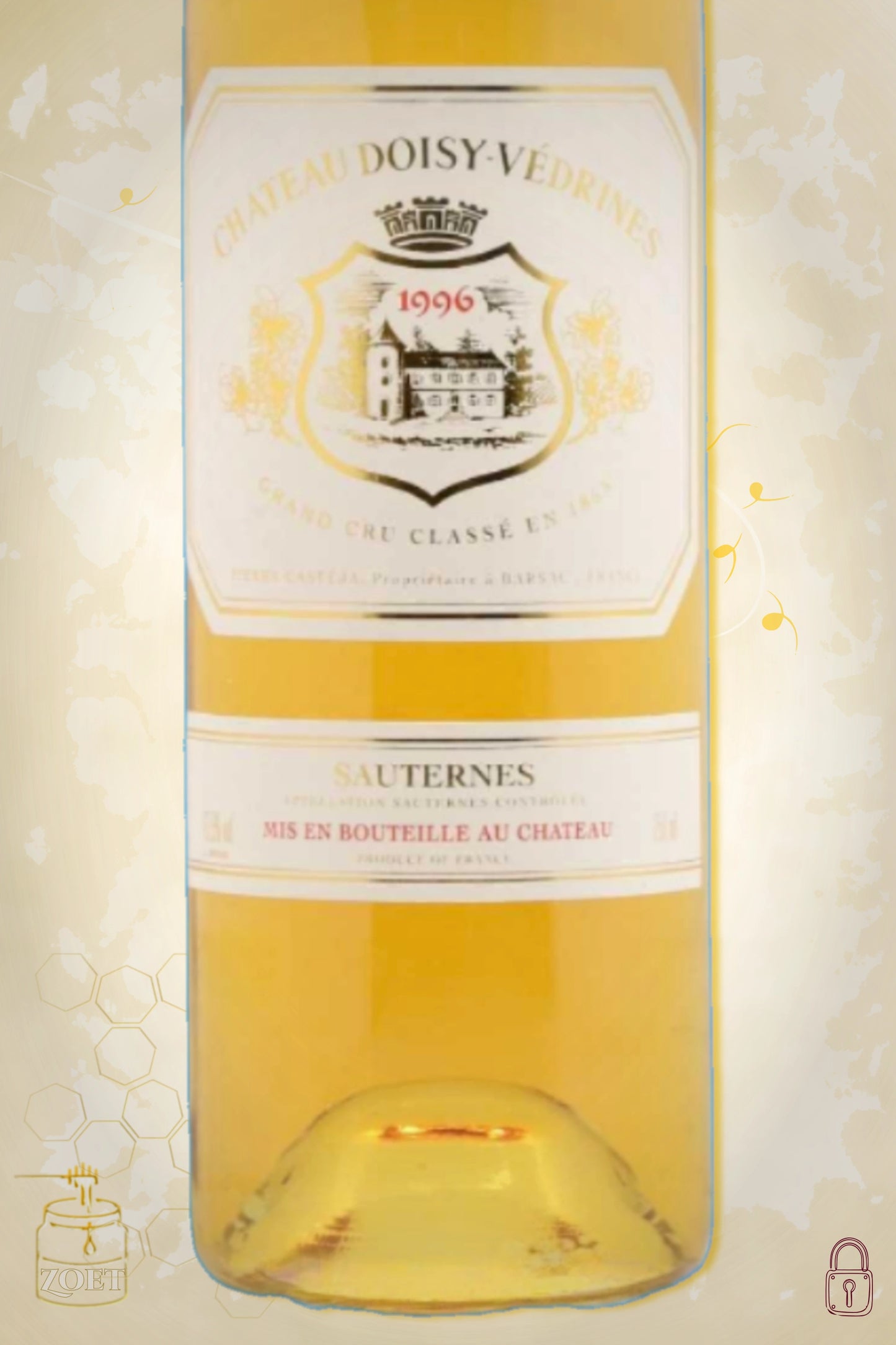 Close-up label Château Doisy-Védrines 1996 – châteaunaam en vintage zichtbaar