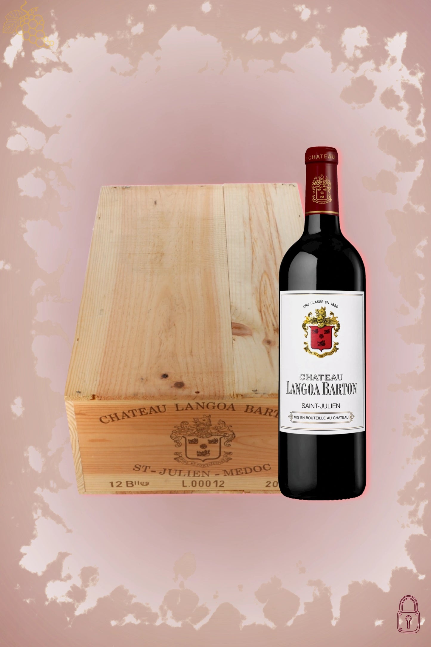 Château Langoa-Barton 2002 tegen bordeaux achtergrond – premium rode wijn, OWC